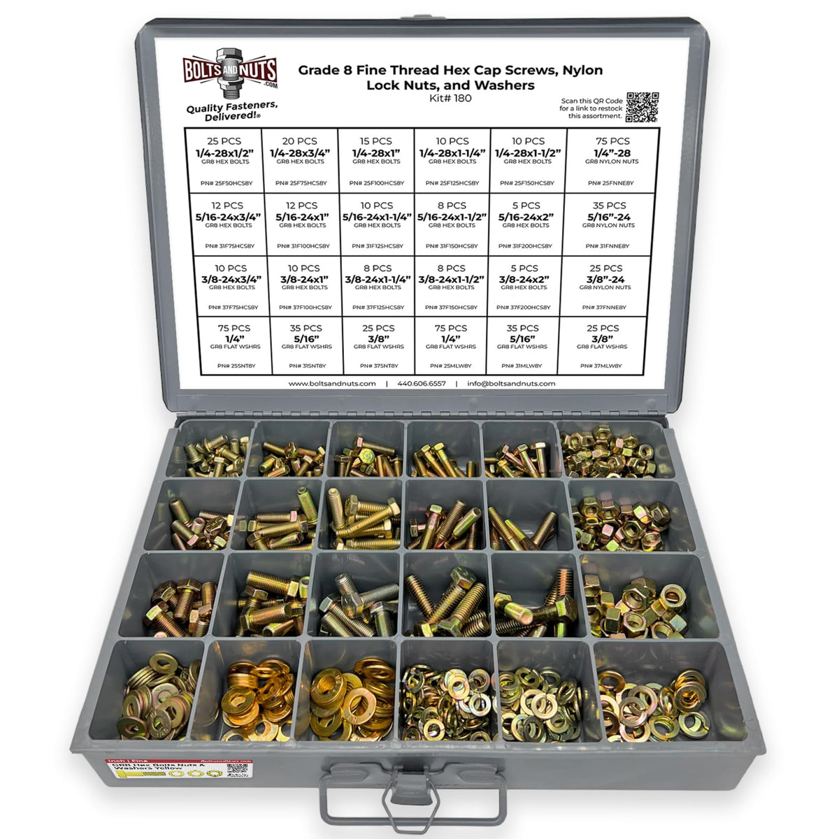 Grade 8 FINE Thread Hex Cap Bolts Screws, Nylon Nylok Lock Nuts, Washers, Lock Washers Assortment Kit - 574 Pieces!