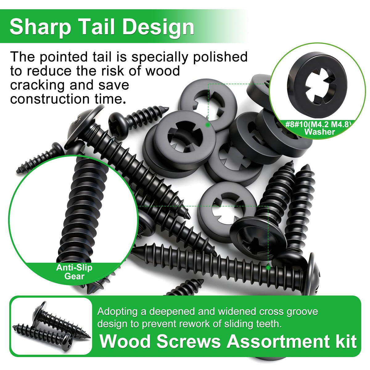 Twidec/1510PCS Black Wood Screws M2 M3 M4#8#10 Truss Head＆Pan Head Screws