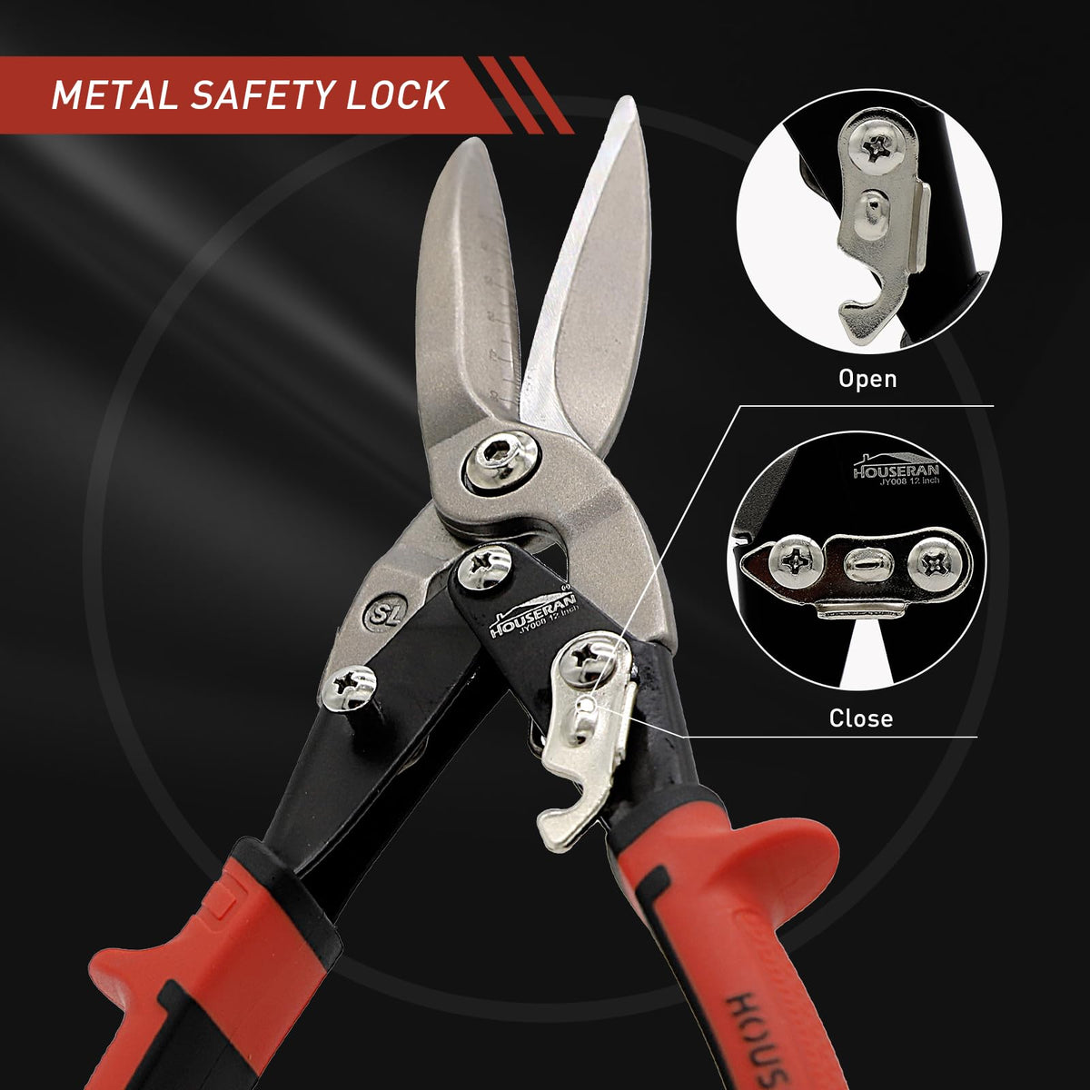 HOUSERAN 12 Inch Aviation Snips, Long Straight Cut Tin Snips, Heavy Duty CR-MO Metal Cutters with Double Lever, Scale Markings & Safety Lock, Shears Scissors for Cutting Metal Sheet