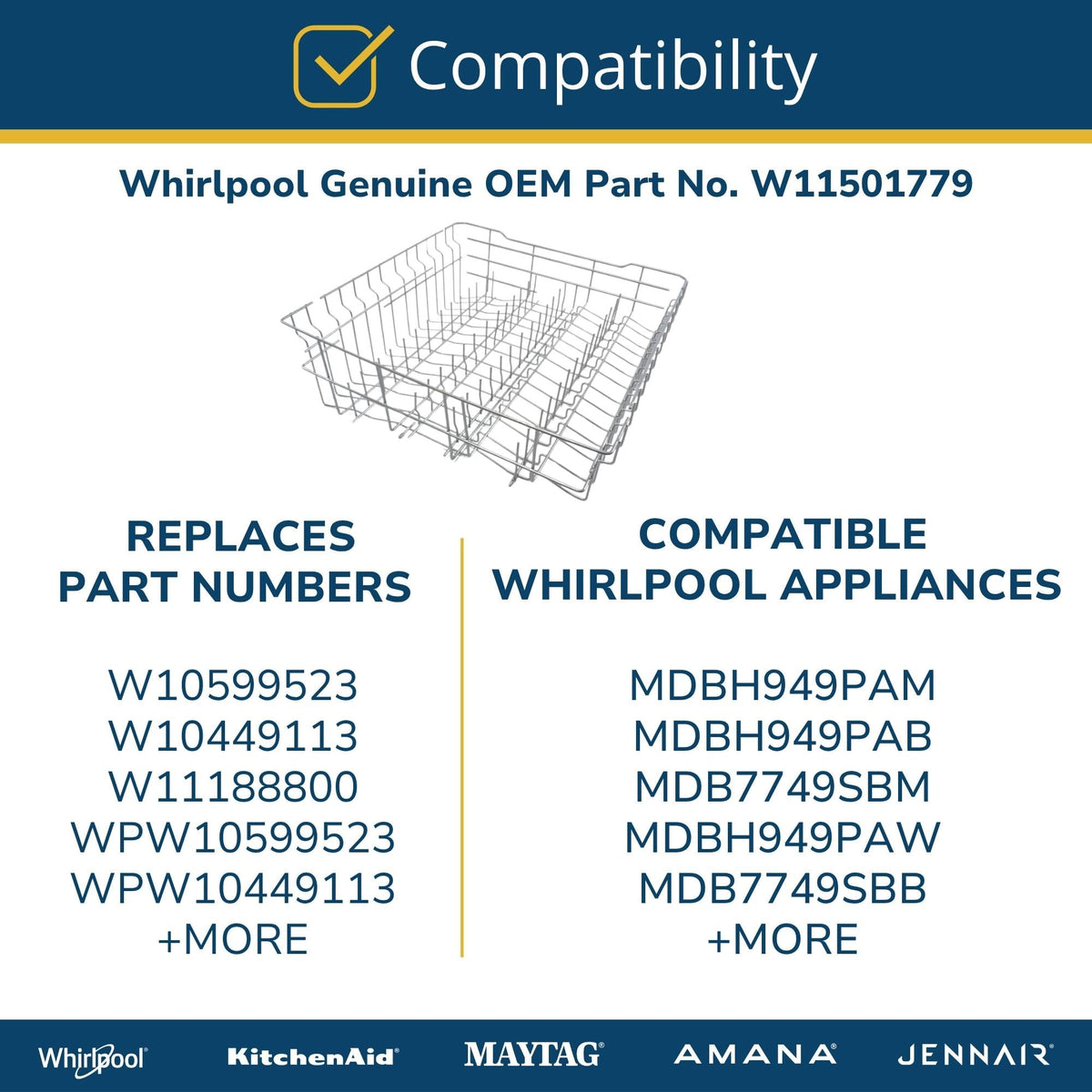 Whirlpool W11501779 Genuine OEM Dishwasher Upper Dishrack Assembly Replacement Part - Replaces W10599523, W10449113, W11188800, WPW10599523, WPW10449113, W10918525, and W10889618
