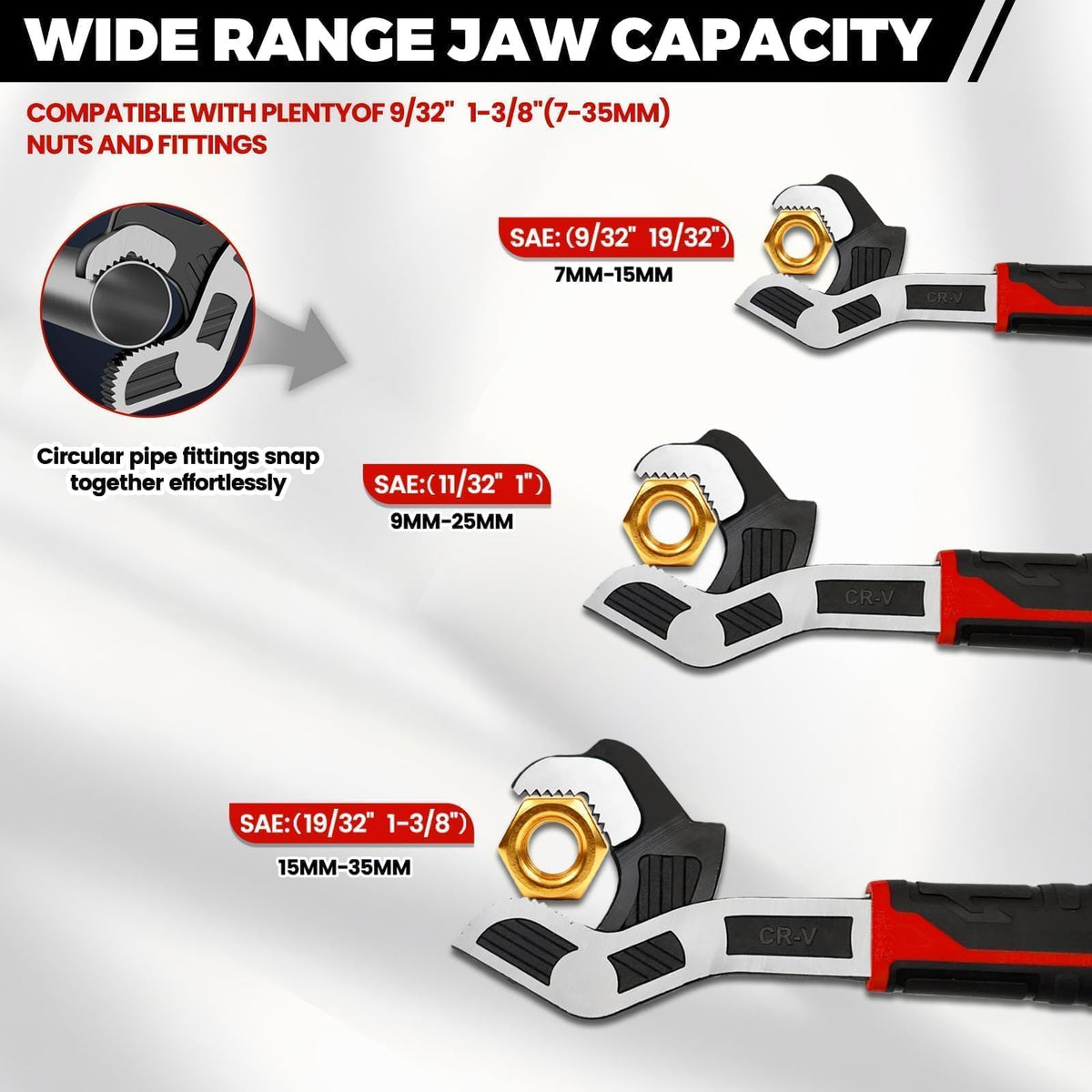 3 Pack Self-Adjusting Pipe Wrench Set, 6”, 8”, 10” With Storage Bag