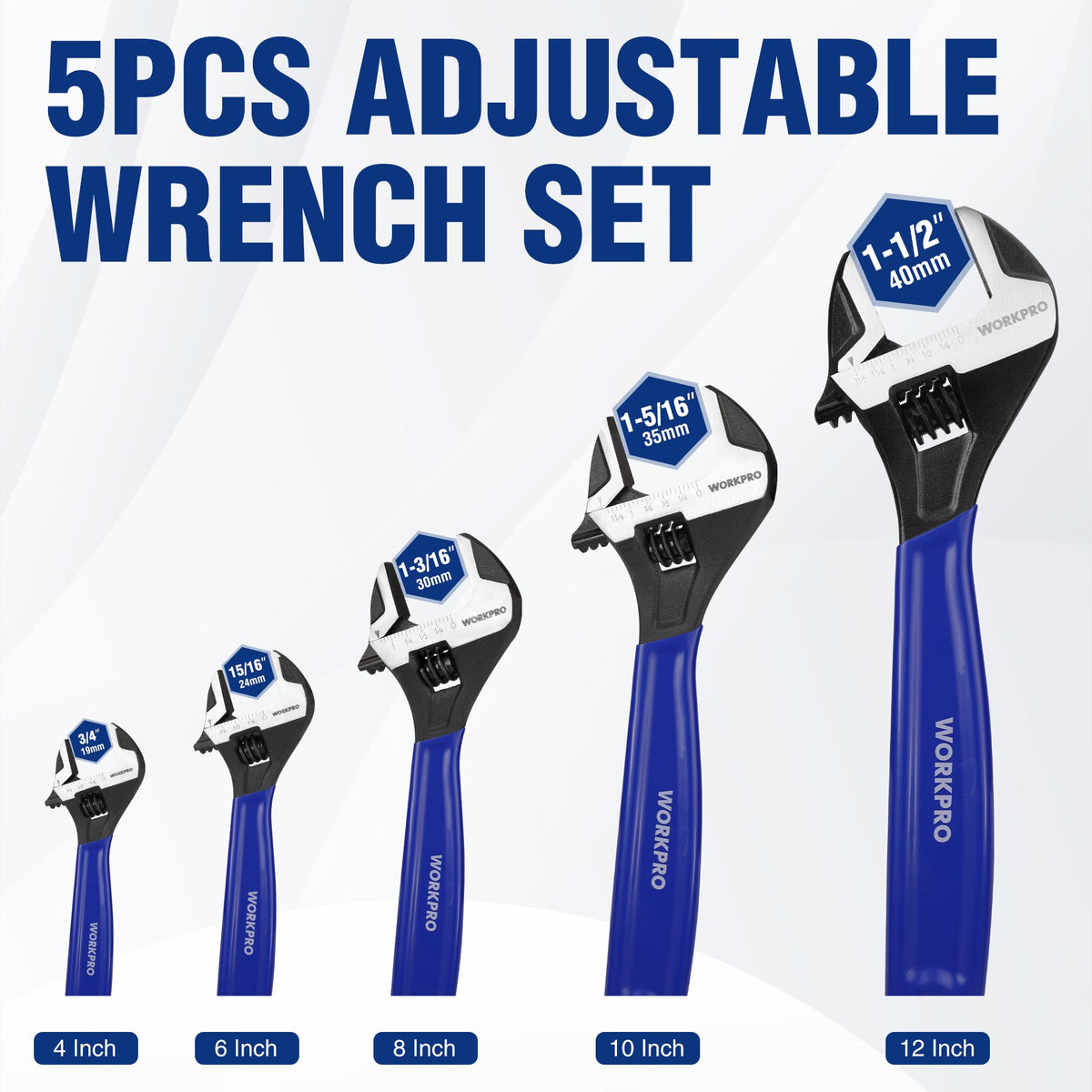WORKPRO 5 PCS Adjustable Wrench Set, 4", 6", 8", 10" 12" Wide Jaw Wrenches