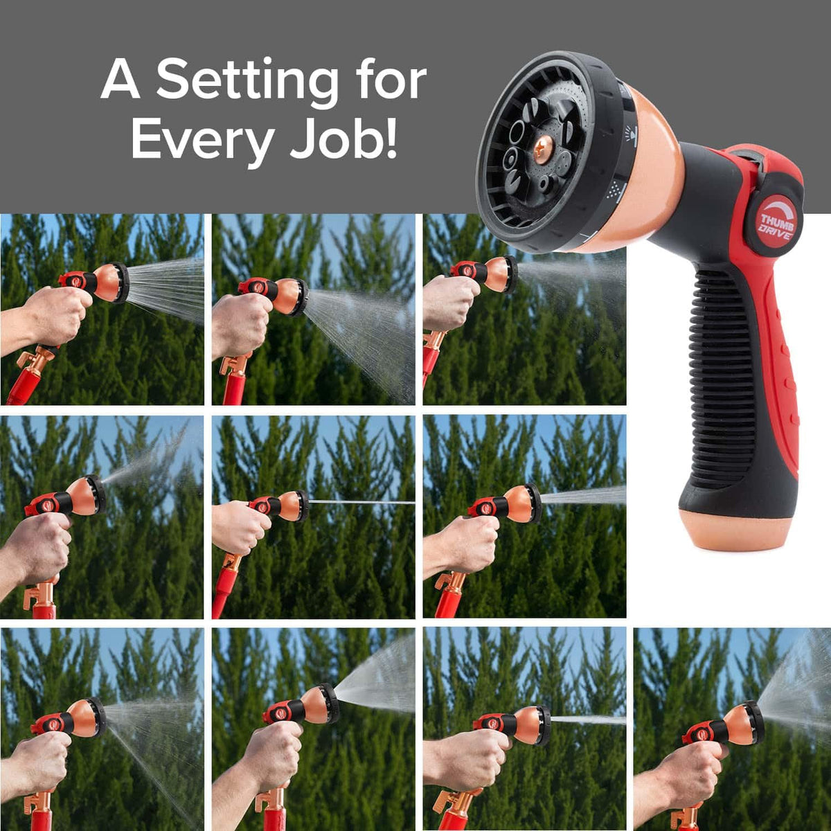 Pocket Hose Thumb Drive Spray Nozzle, 10 Patterns, Easy On/Off, Heavy-Duty