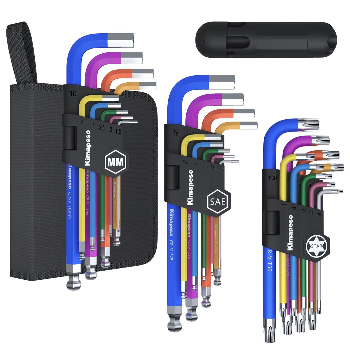 Kimapeso 27 PCS Allen Key Set Torx SAE Metric Allen Wrenches Set Long Arm Ball End Hex Key Wrench Sets with T-Handle L-Hex Key Set Metric 1.5 to 10mm SAE 1/16 to 3/8″ Torx T10 to T50