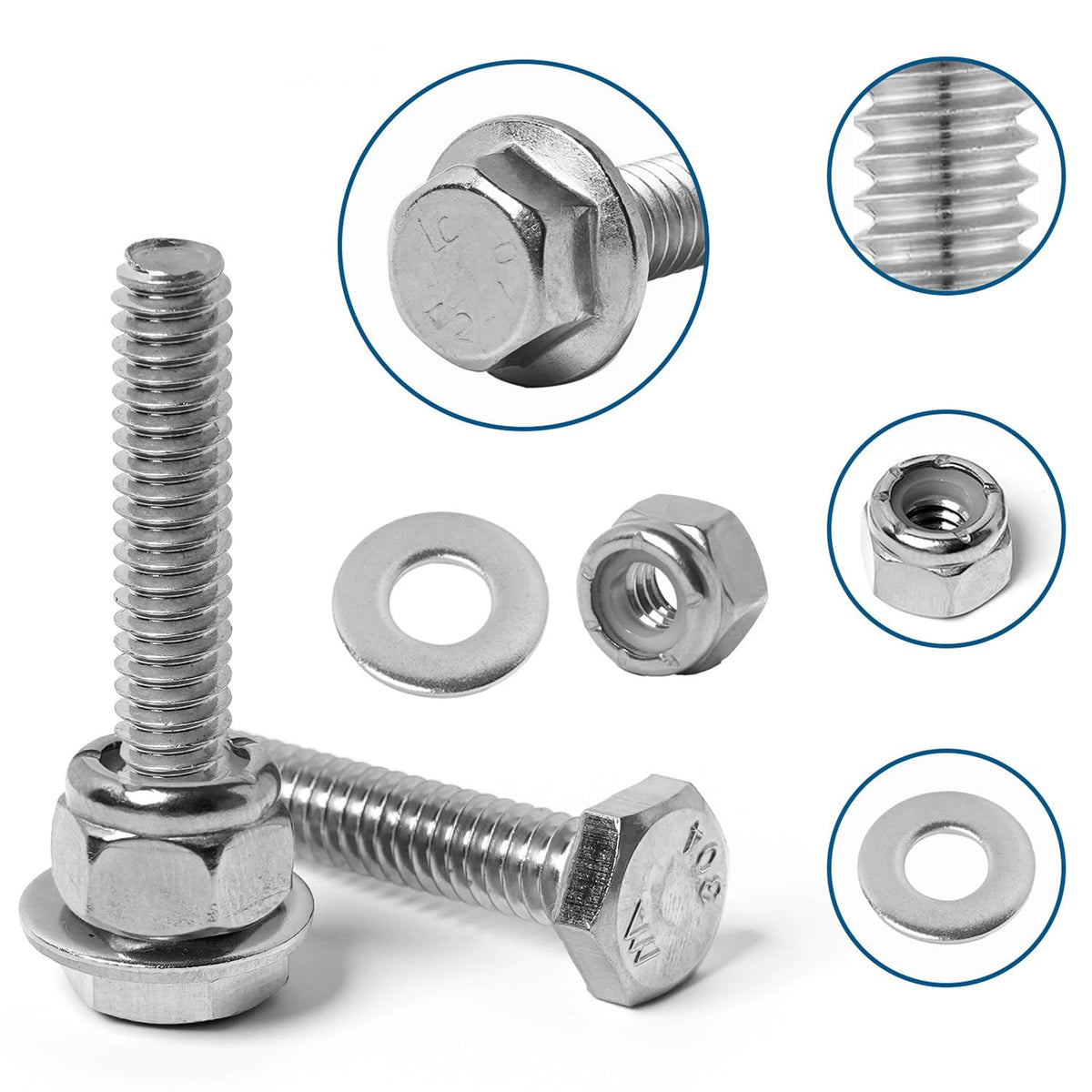 1/4-20 Flange Hex Bolts Assortment with Nylon Lock Nuts, Flat Washers