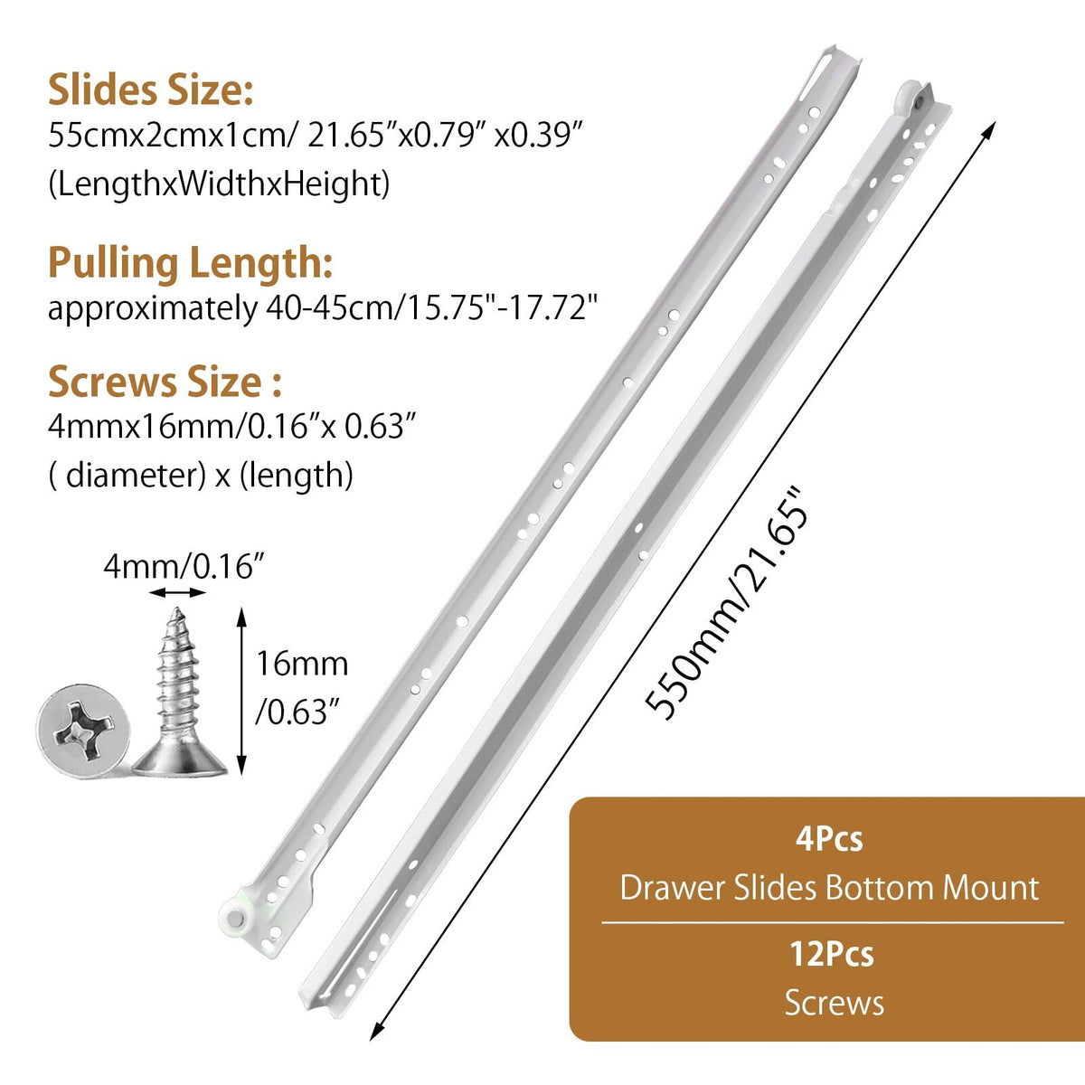 Hodyludy 22 Inch Soft Close Drawer Slides, 1 Pair Heavy Duty Side/Bottom Mount Drawer Glides for Cabinet, Dresser Drawers Replacement, White