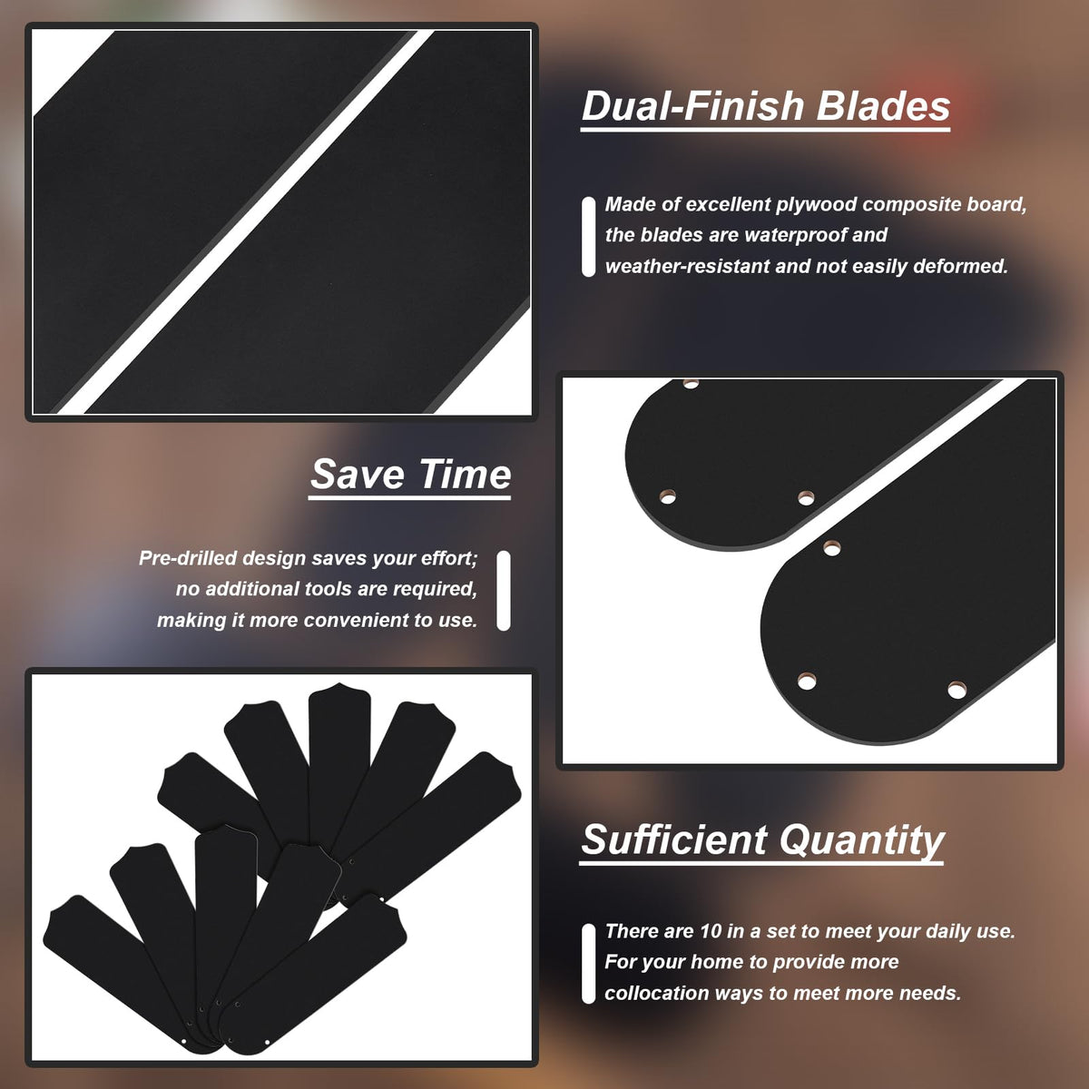 DELORIGIN 10pcs 16 1/2" Black Ceiling Fan Replacement Blades for 42" Fans Universal Wood Replacement Fan Blades for Indoor Outdoor Bedroom Broken old Fan Blade Replacing
