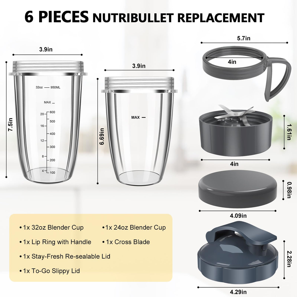 Nutribullet Blender Cups & Blade Replacement Set, 32oz & 24oz Nutribullet Cup with LidTo-Go Lid and Lip Ring, Replacement Parts for Nutri Bullet Blenders 600w & Pro 900w Accessories 6 PCS