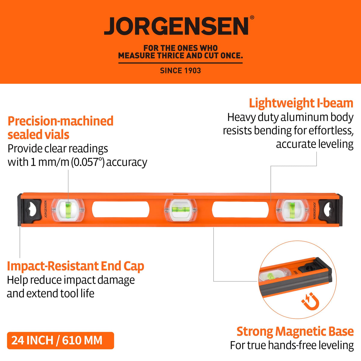 JORGENSEN 24" Magnetic I-Beam Level tool, 90°/180° Spirit 2' Leveler Tool