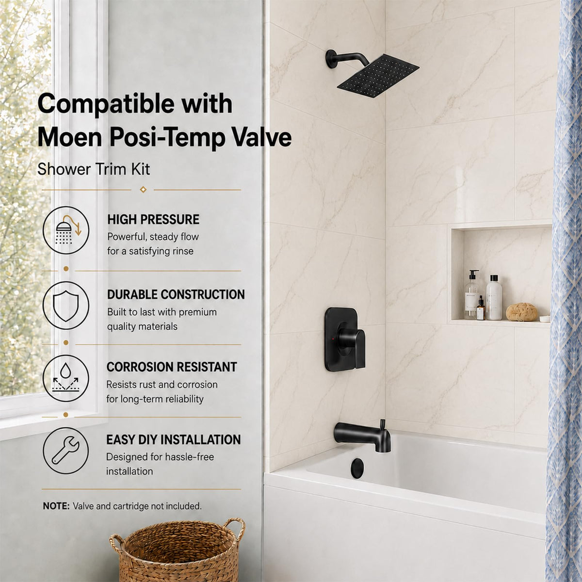 Compatible with Moen Posi-Temp Valve Tub Shower Trim Kit, Replacement for 2510, 2520, 2570, 2590 Valve Shower Faucet Set with 8 Inch Shower Head, Matte Black (Valve and Cartridge Not Included)