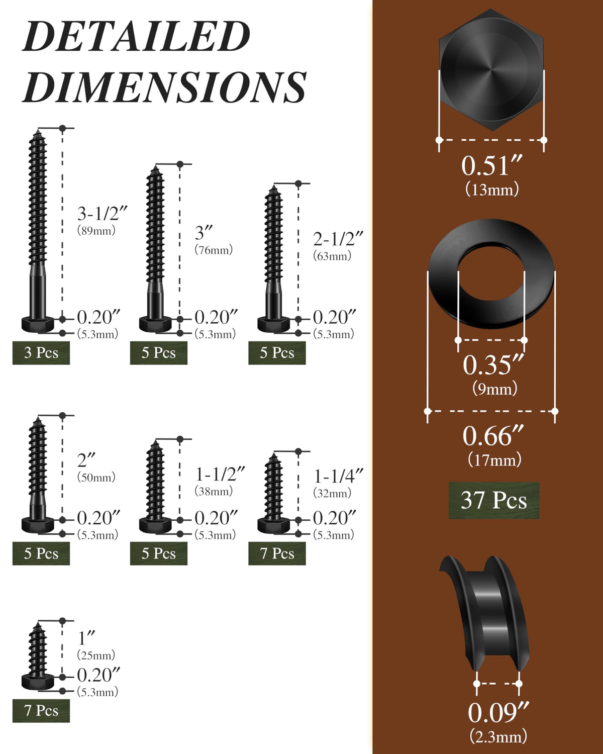 Nailnest 74-Pack 5/16 Hex Head Lag Screws Bolts Assortment Kit with Flat Washers, Black Oxided 304 Stainless Steel 18-8 Heavy Duty 5/16" Lag Bolts for Wood with Hex Socket