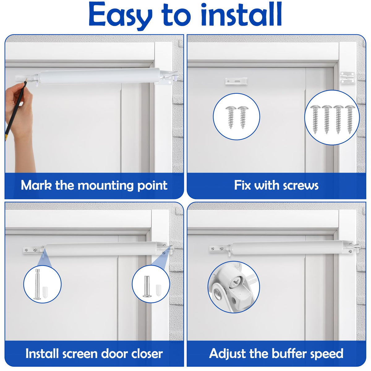 2 Set Heavy Duty Screen Door Closer, Durable Screen Door Spring Closer Shock Replacement System, Rust-Proof White Aluminum Alloy Easy to Install