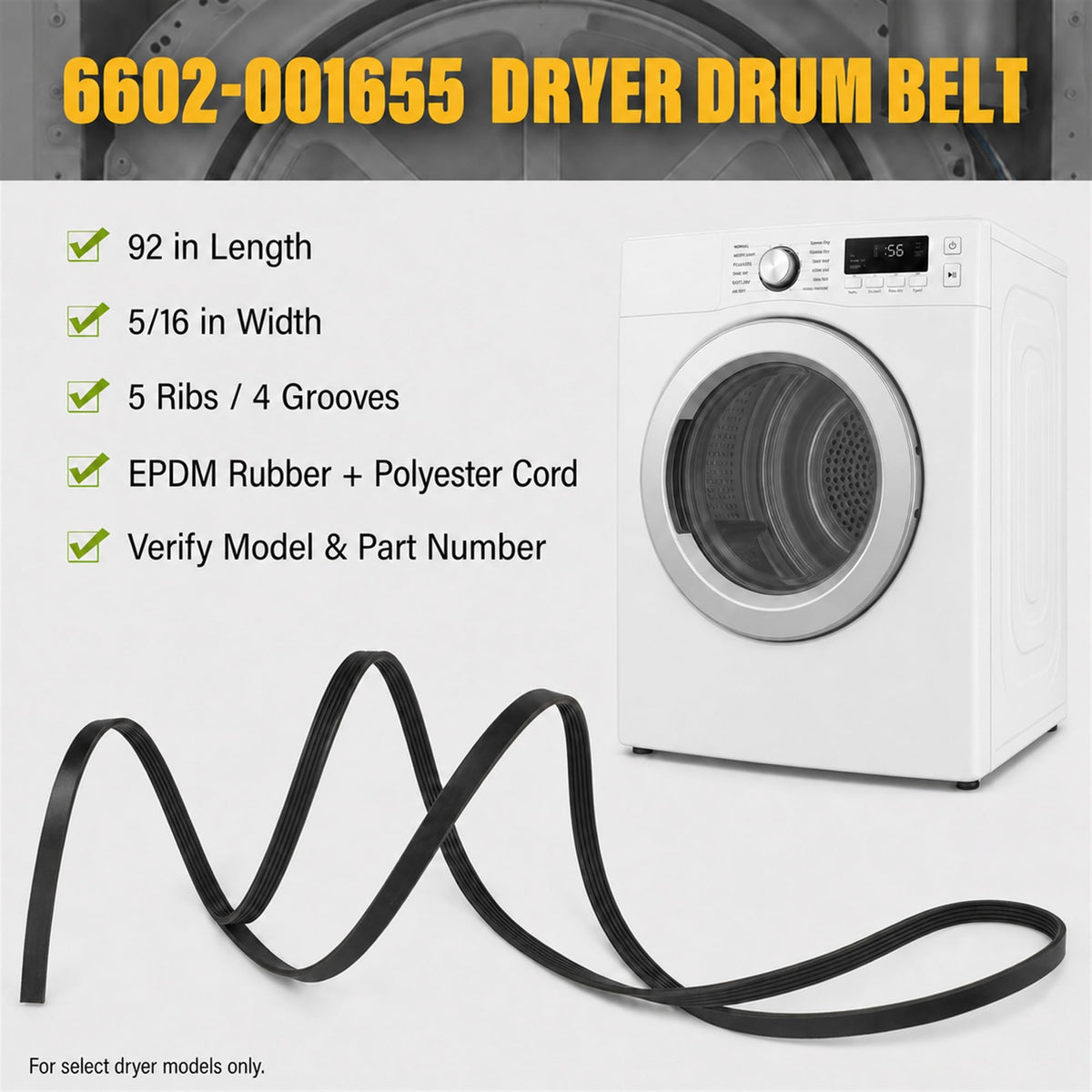 JZWON 6602-001655 Dryer Drum Drive Belt, 92-Inch x 5/16-Inch, 5-Rib 4-Groove Replacement for Select Samsung and Kenmore Dryers, Replaces 6602-001314, AP4373659, PS4133825