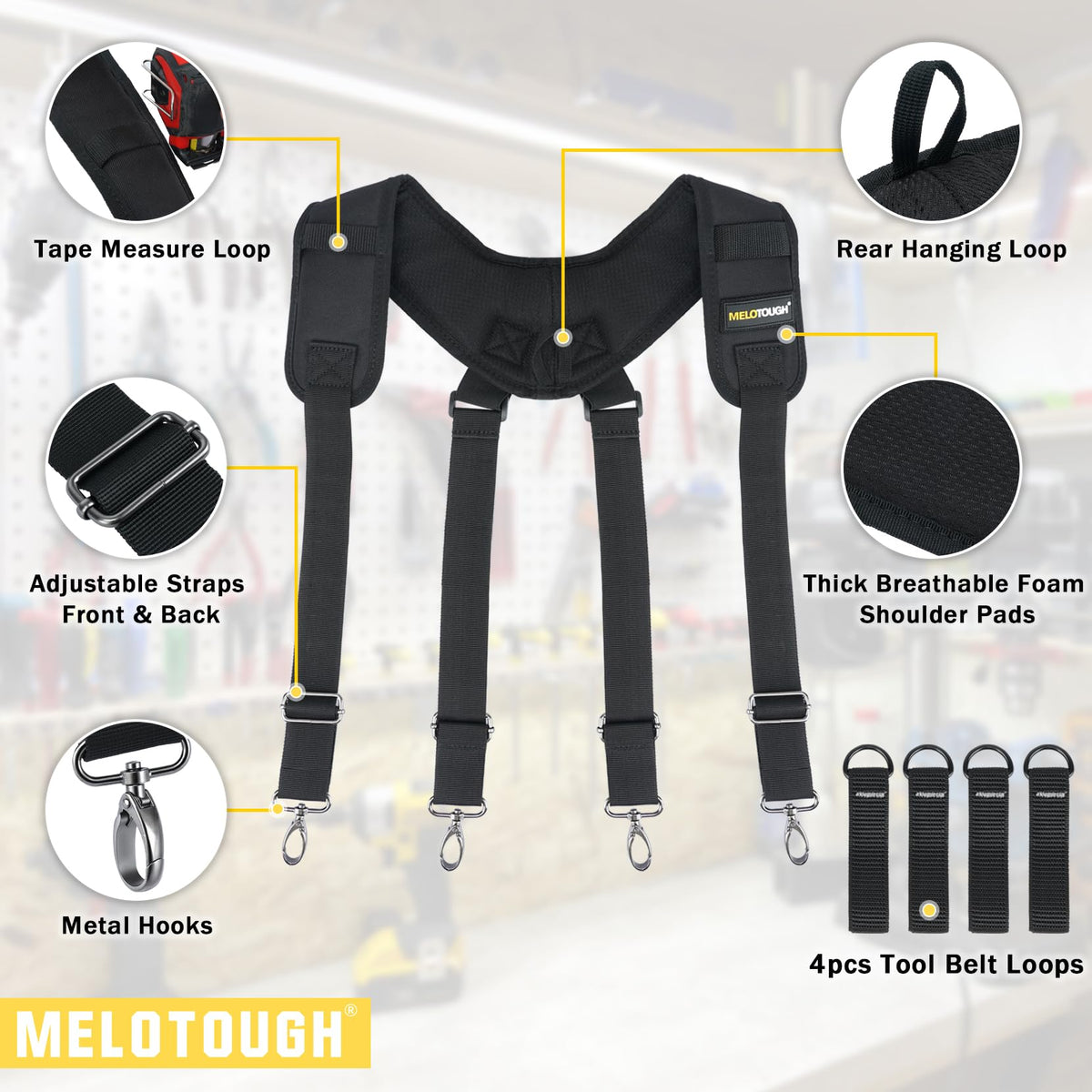 MELOTOUGH Tool Belt Suspender Adjustable Strap with 4-Point Hook Support