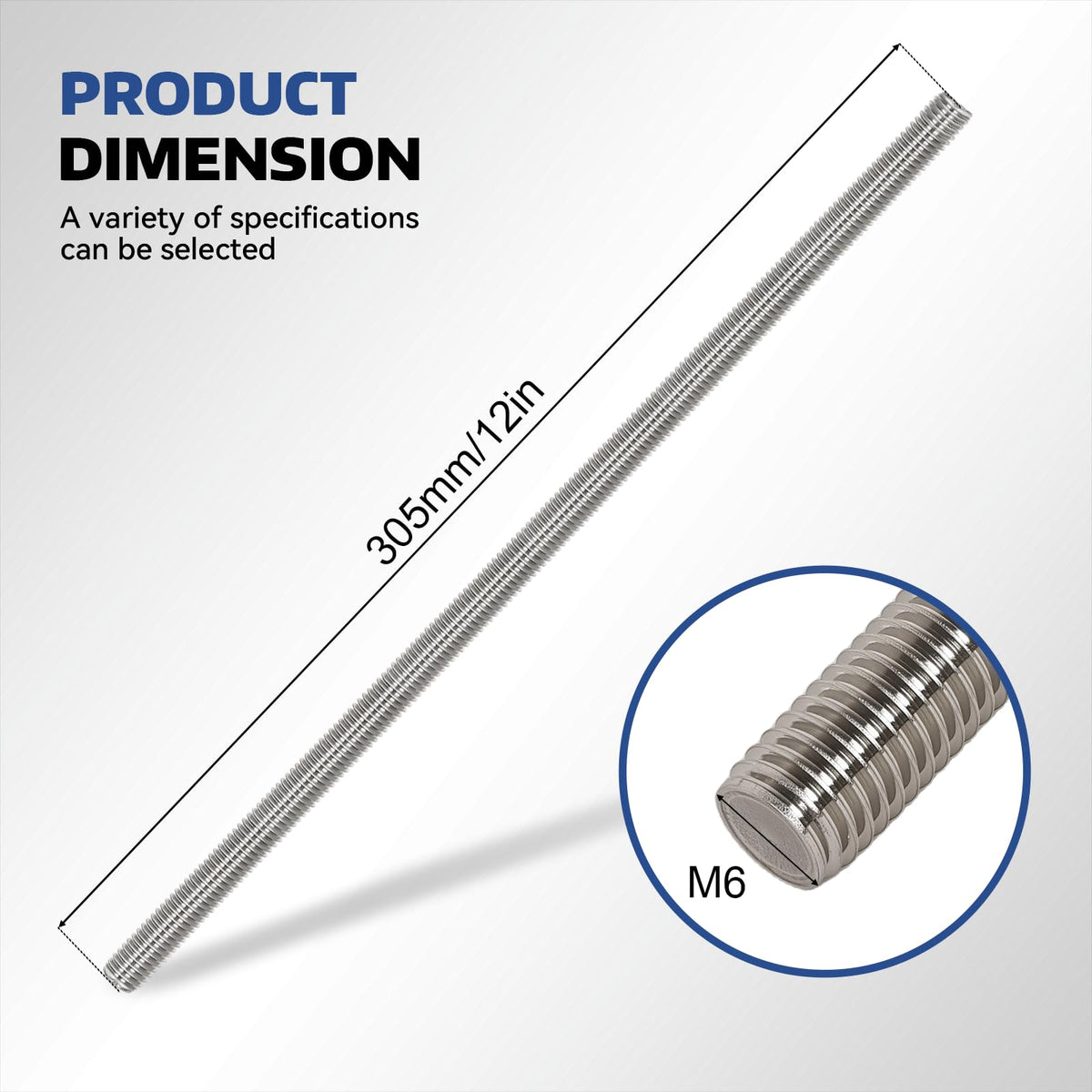 Arwnnklo 12 Pcs 304 Stainless Steel M6 Threaded Rod,12"(305mm)