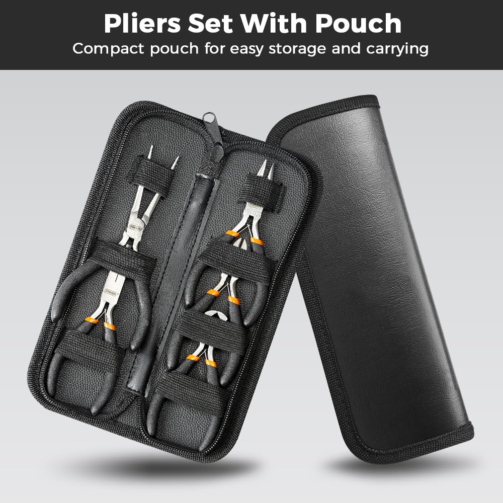 SOONAN 5 Pieces Mini Pliers, Long Lasting Tool Set Cable Cutters – Long Needle Nose, Long Nose, Nipper Bent Nose, End Cutting, Diagonal Cutting, Precision Pliers Set