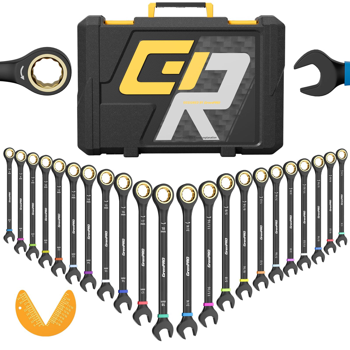 GRENPRO 23PCS Ratcheting Combination Wrench Set SAE & Metric Open End Tools