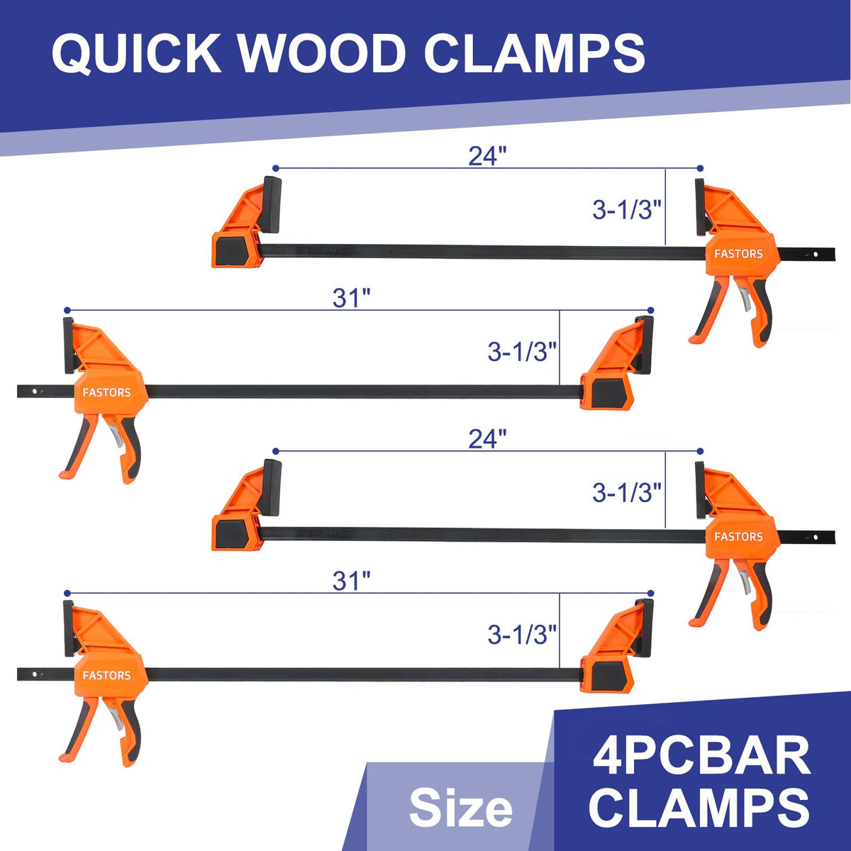 FASTORS 4-Pack 24 Inch Bar Clamps Set,Woodworking Clamps Heavy Duty 350LBS Throat Depth 3-1/3”,Quick Grip/Spreader One-Handed Wood Clamp with Quickly Change Button
