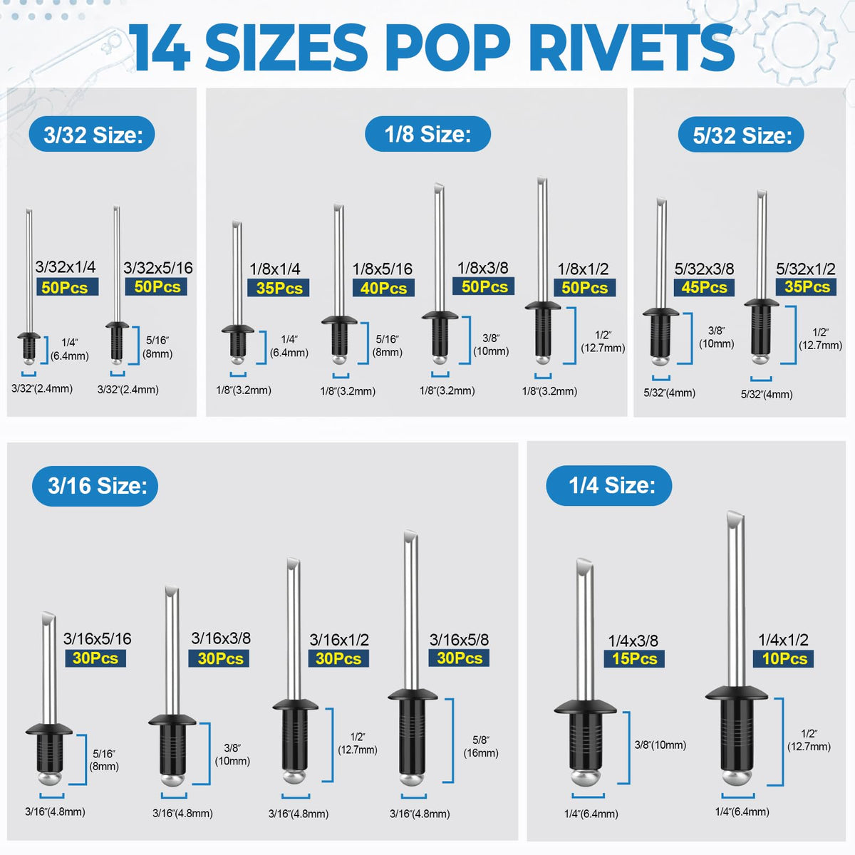 Huaque 1000PCS Black Pop Rivets Aluminum Blind Rivets Assortment Kit