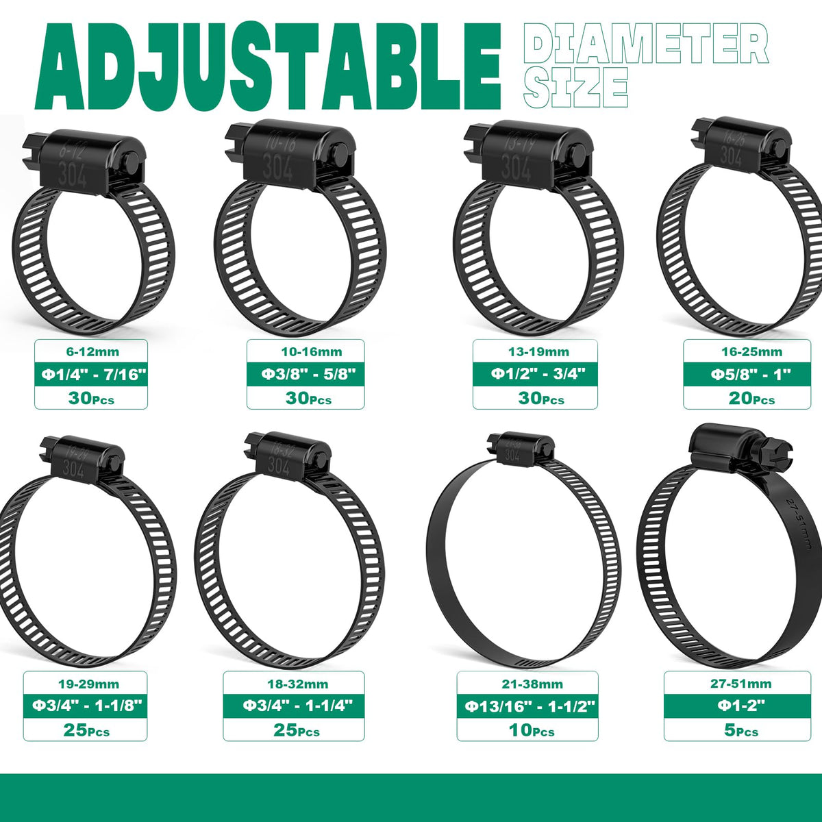 OURU Black Hose Clamp-175PCS Stainless Steel Hose Clamps Assortment Adjustable 1/4"-2"(6-51mm) Worm Gear Hose Clamp,Heavy Duty Small Hose Clamps for Automotive,Pipe,Radiator Plumbing,Fuel Line