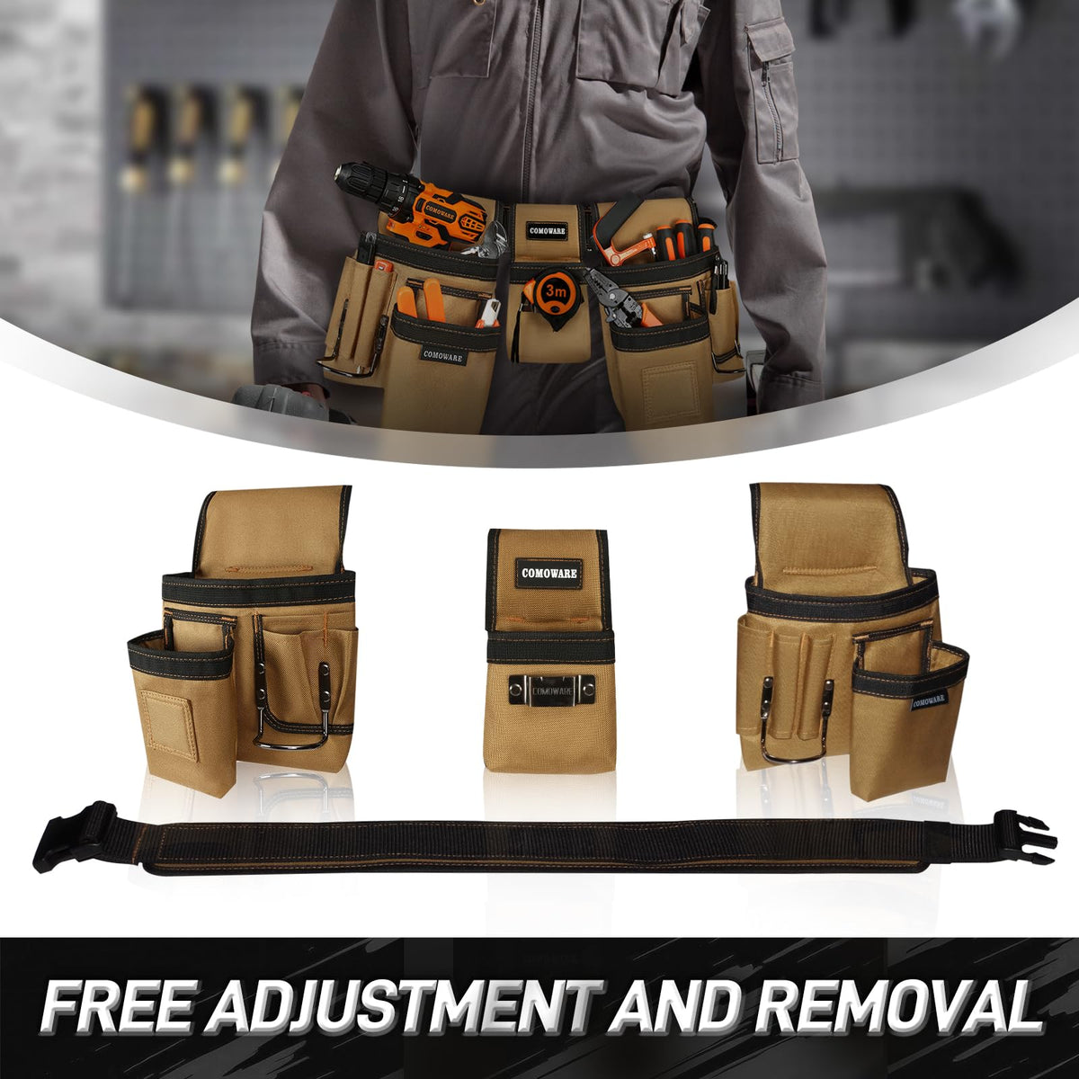 COMOWARE Tool Belt for Men 17-Pocket Heavy Duty Toolbelt w/Magnetic Holster