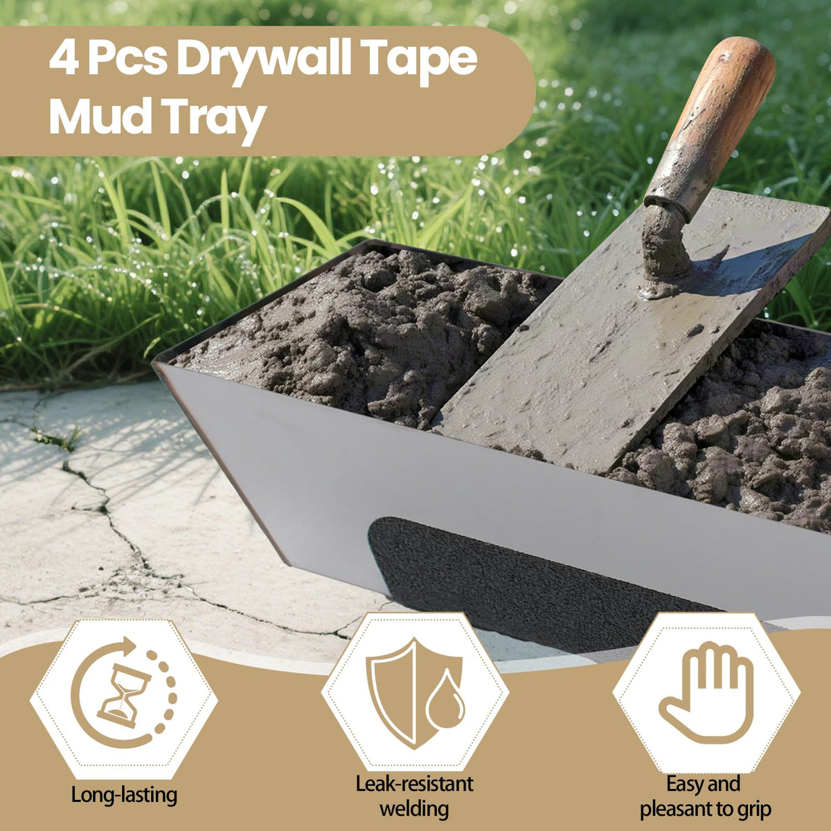 LECEHIVO 4 Pack 12 Inch Stainless Steel Mud Pan with Non-Slip Handle Tapered Sides, Drywall Tool Tray Drywall Tape Tray Bucket