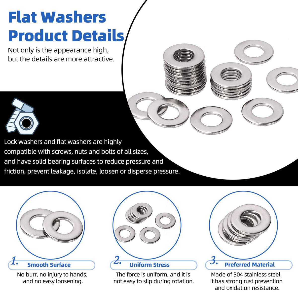 Glarks 201Pcs 1/4" 5/16" 3/8" 304 Stainless Steel Hex Lag Screws Assortment Kit Hex Lag Bolts with Flat Washers and Lock Washers Set for Fixing Metal, Wood, Plastic Materials