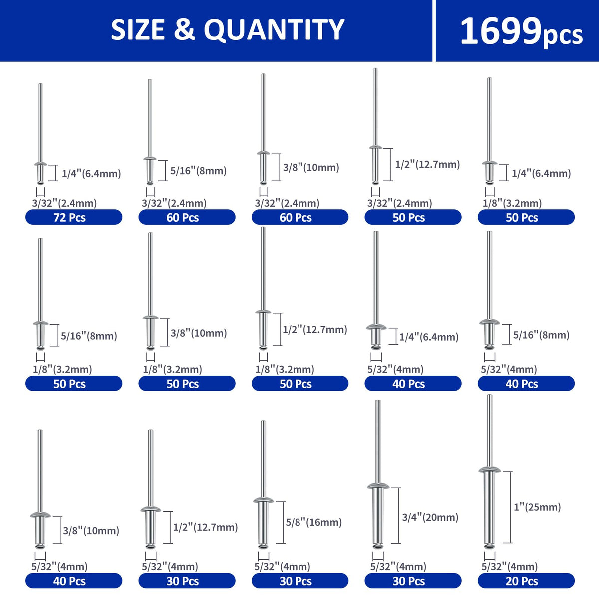 1699Pcs Silver Aluminum-steel Pop Rivets and 304 Stainless Steel Washers Assortment Kit,25 Sizes(3/32", 1/8",5/32", 3/16", 1/4"), with Double-Sided Storage Box, for Metals, Furniture, Automotive