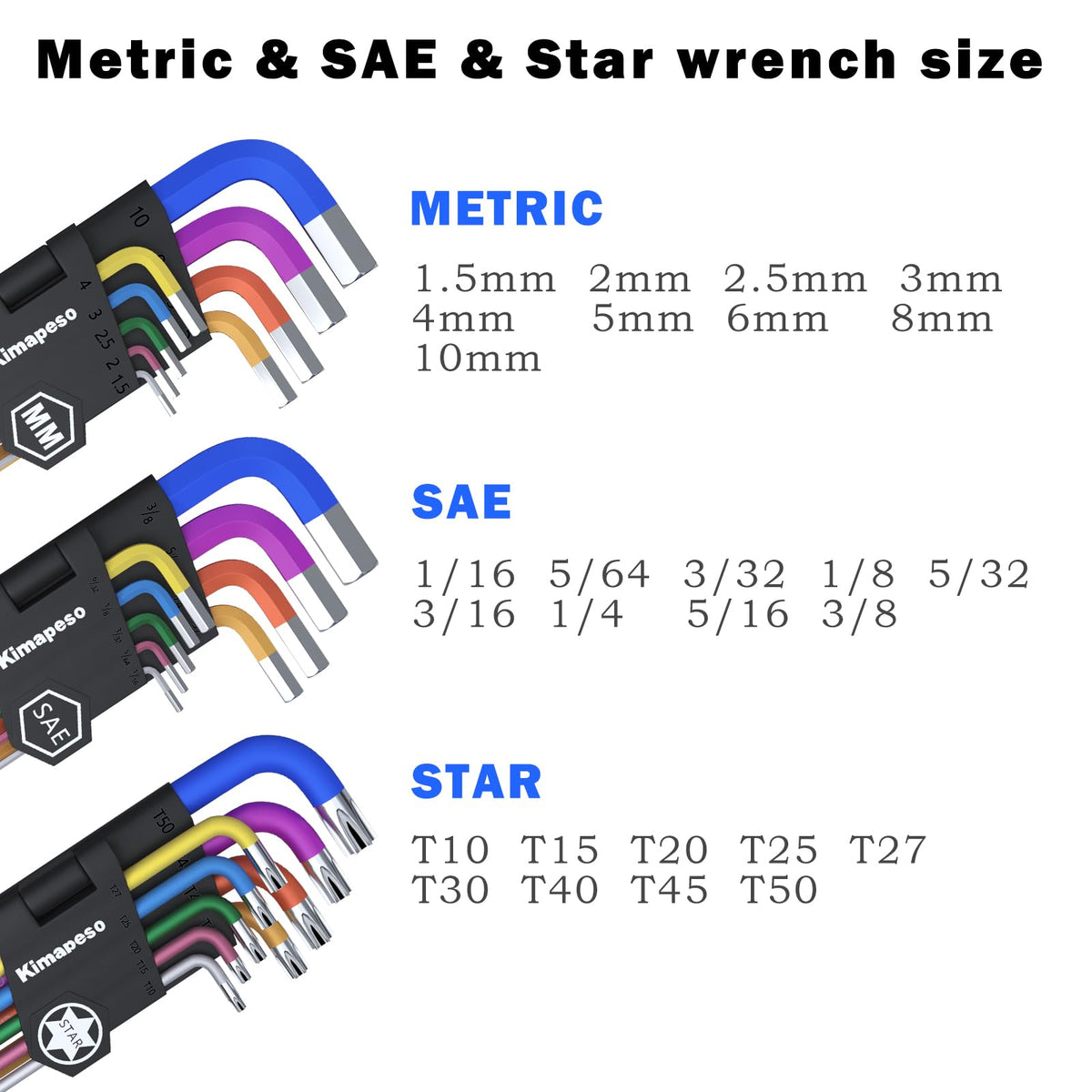 Kimapeso 27 PCS Allen Key Set Torx SAE Metric Allen Wrenches Set Long Arm Ball End Hex Key Wrench Sets with T-Handle L-Hex Key Set Metric 1.5 to 10mm SAE 1/16 to 3/8″ Torx T10 to T50