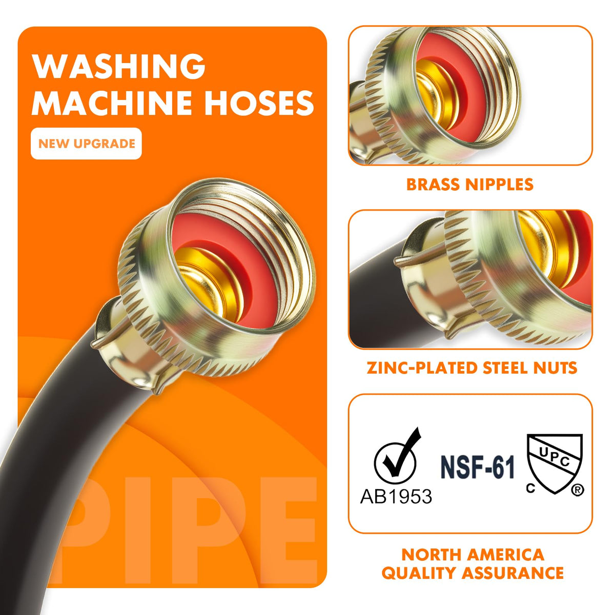 TTFLEX Washing Machine Hoses 6FT Rubber, 3/4" Hot 