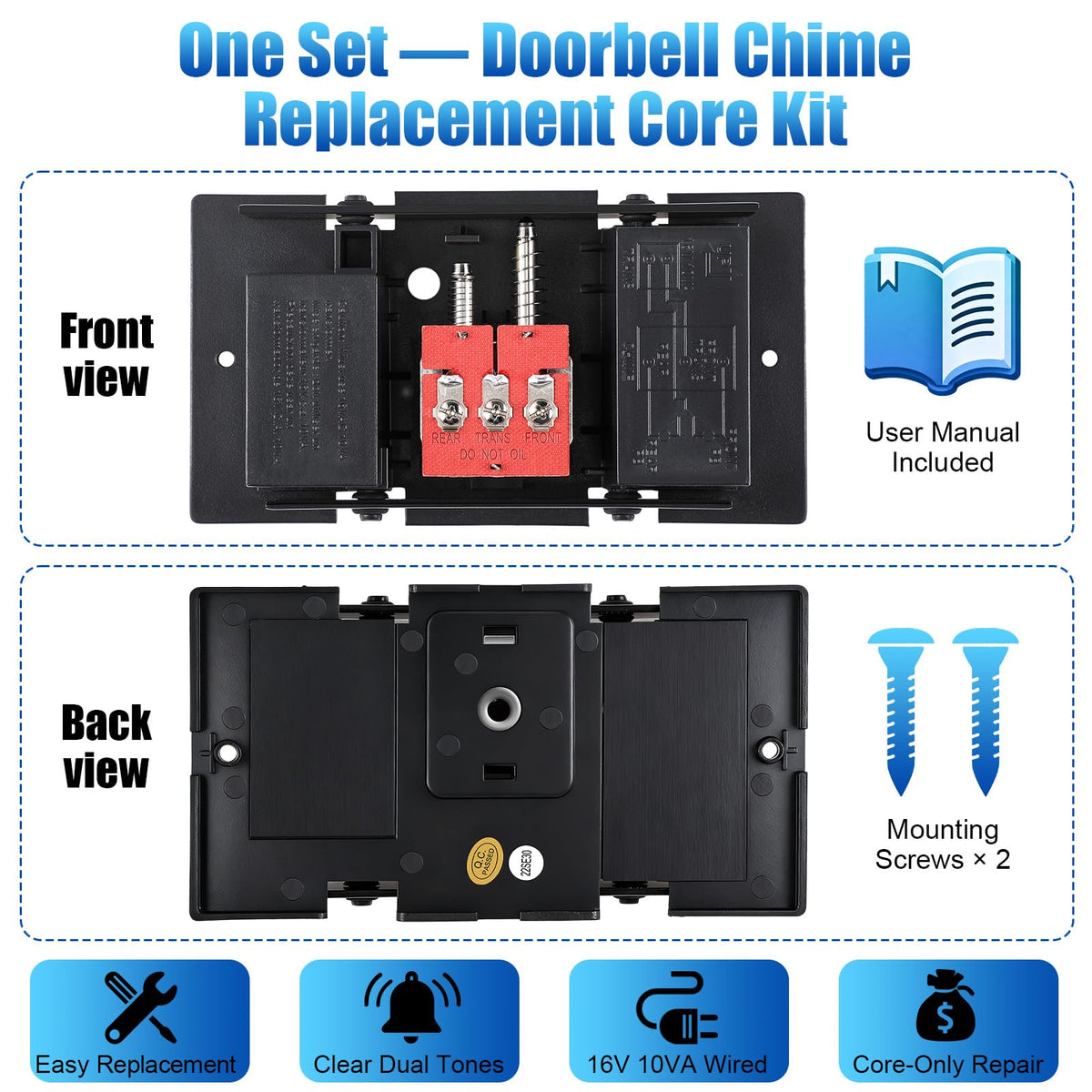 Wired Doorbell Chime Mechanism Assembly, Core Replacement, 16V 10VA