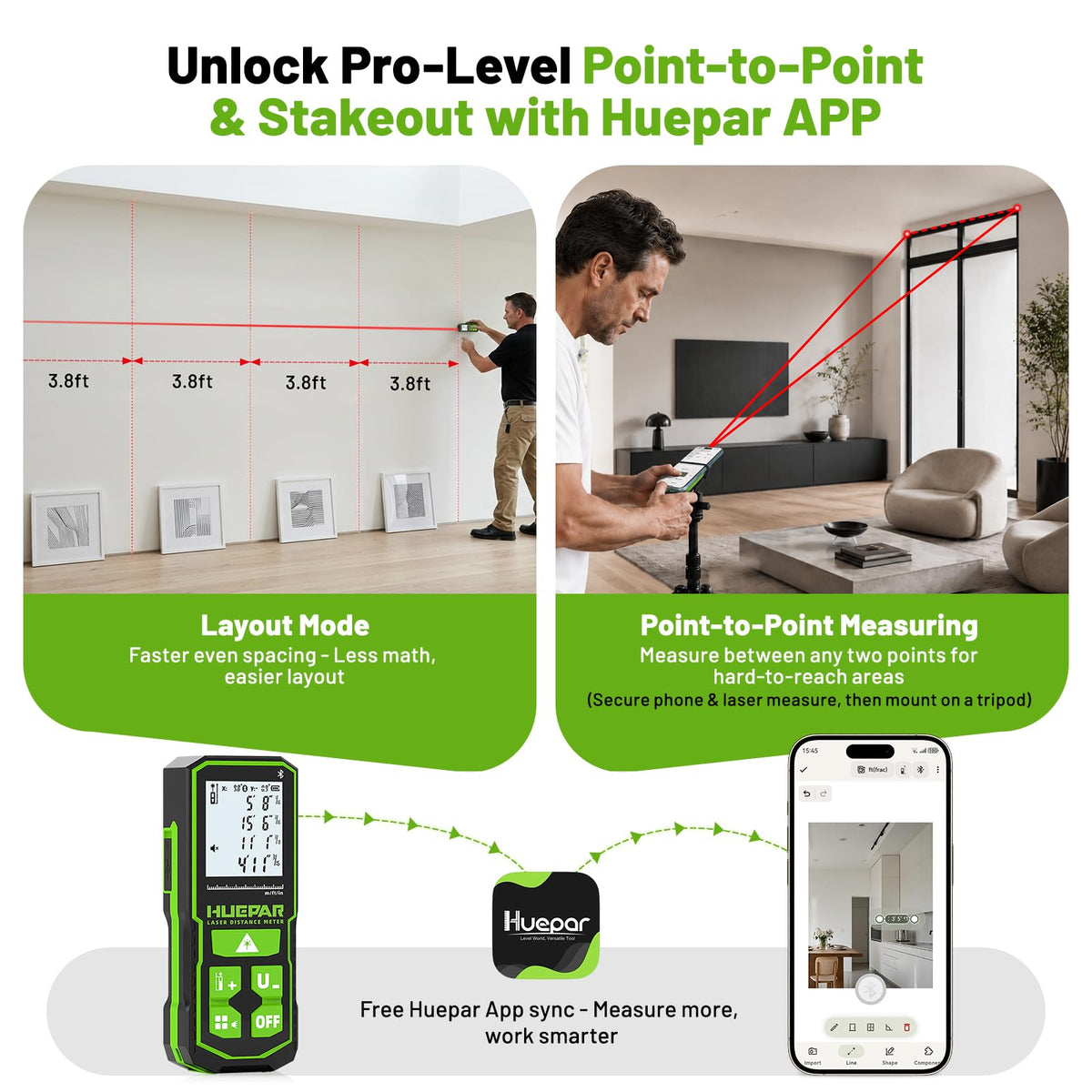 Laser Distance Measure 395 Feet with 60 Inch Tripod, Huepar Laser Distance Meter with Bluetooth & APP, Angle Sensor, 1/16in Accuracy Rechargeable Laser Measuring Tool, M/in/Ft Unit, Pythagorean Mode