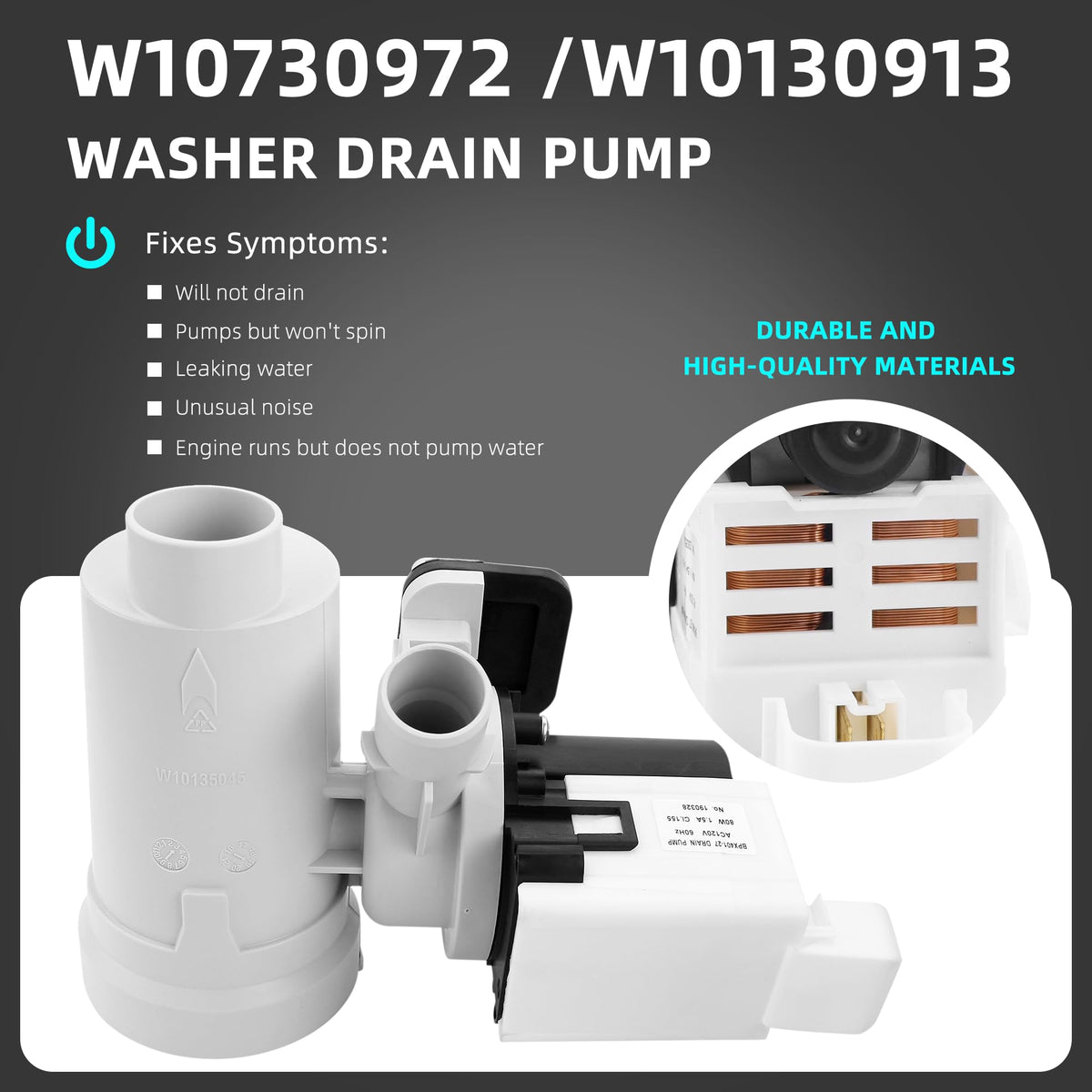wpw10730972 W10130913 Washer Drain Pump Assembly Compatible with kenmore he2 plus whirlpool 9200 duet washer by AMI PARTS