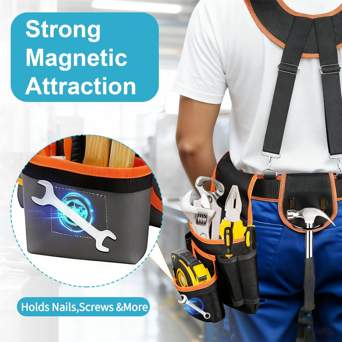 Tool Belt，Tool Belts for Men，Electrician/Carpenter Tool Belt Suspenders，Comes with Magnetic Tool Kit and Straps, Heavy-Duty Detachable and Adjustable Multifunctional Waist Belt Work Bag (Gray Orange)