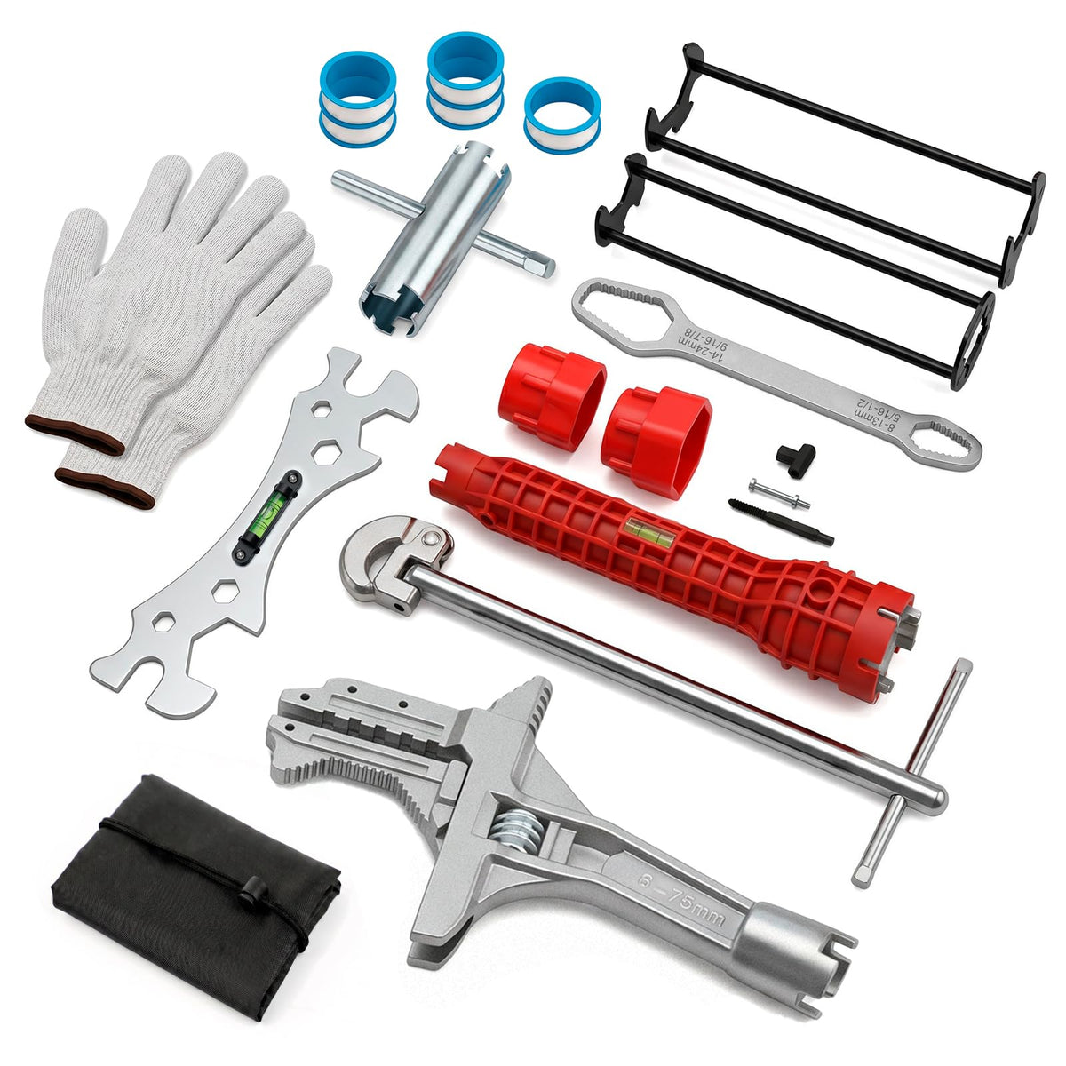 14PCS Plumbing Wrench Faucet Installation and Removal Tools, Under Sink Wrench Tool Set, Spring-Loaded Basin Wrench, Adjustable Wide-Jaw Wrench, Multifunctional Plumbing Tool for Kitchen & Bathroom