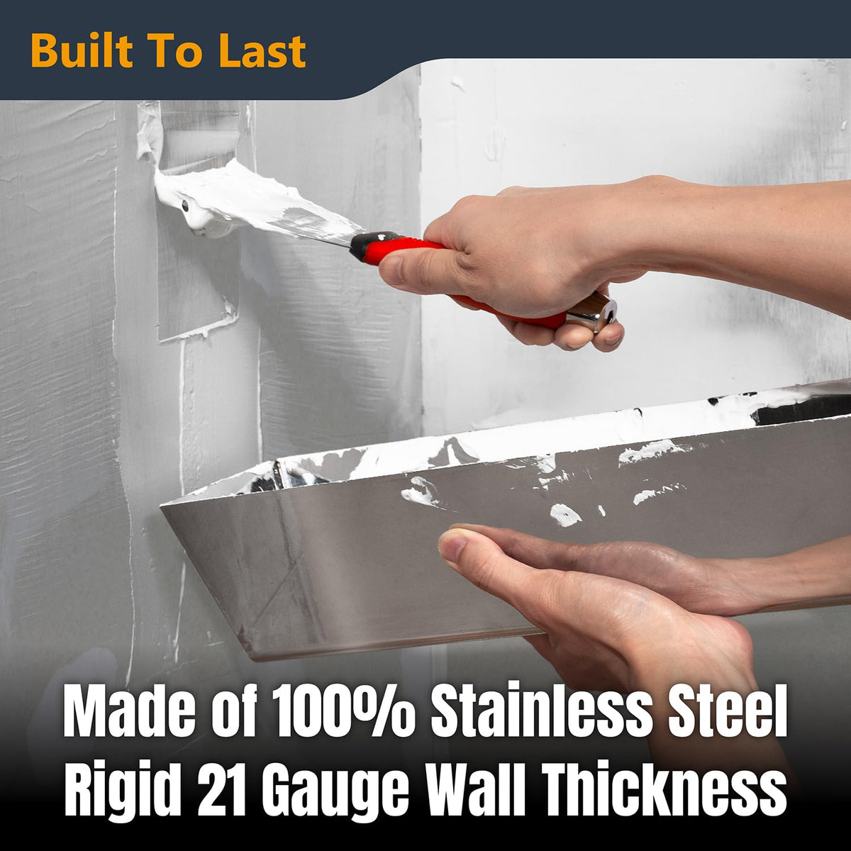 POWERTEC 14" Stainless Steel Mud Pan, Drywall Tapping Repair Tool, Compound Holder (72205)