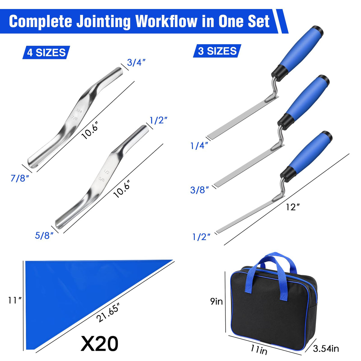 Konvixon 7-Size Brick Jointing Tools & 20 Pcs Masonry Mortar Grout Bags Kit
