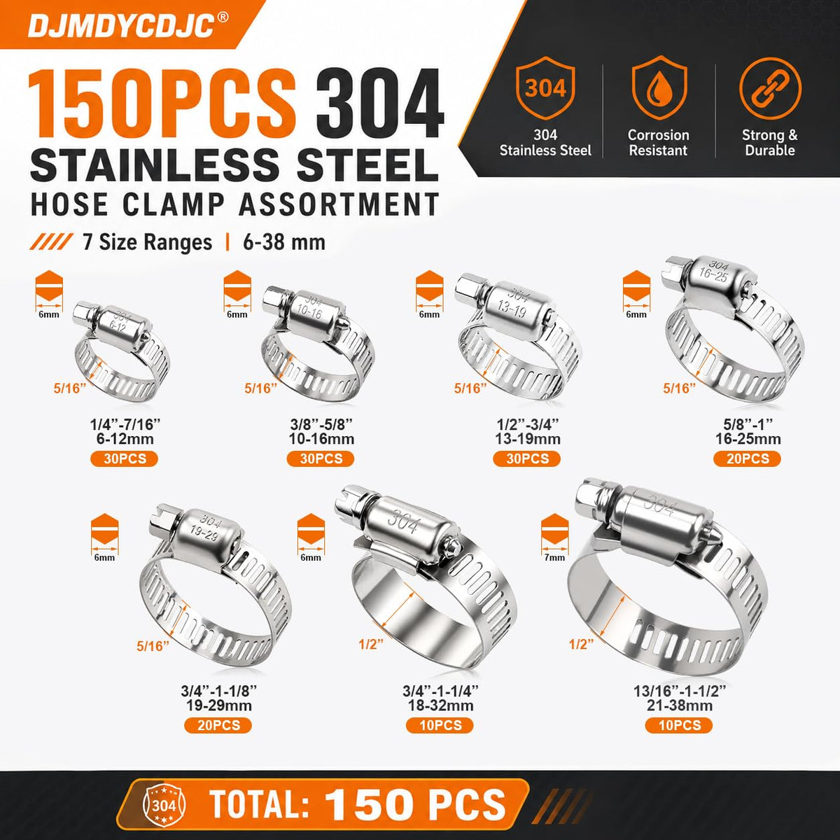 150PCS Stainless Steel Hose Clamps, Worm Gear Heavy Duty Assortment Kit, Adjustable 1/4″-1-1/2″ for Plumbing Automotive Radiator & Fuel Line