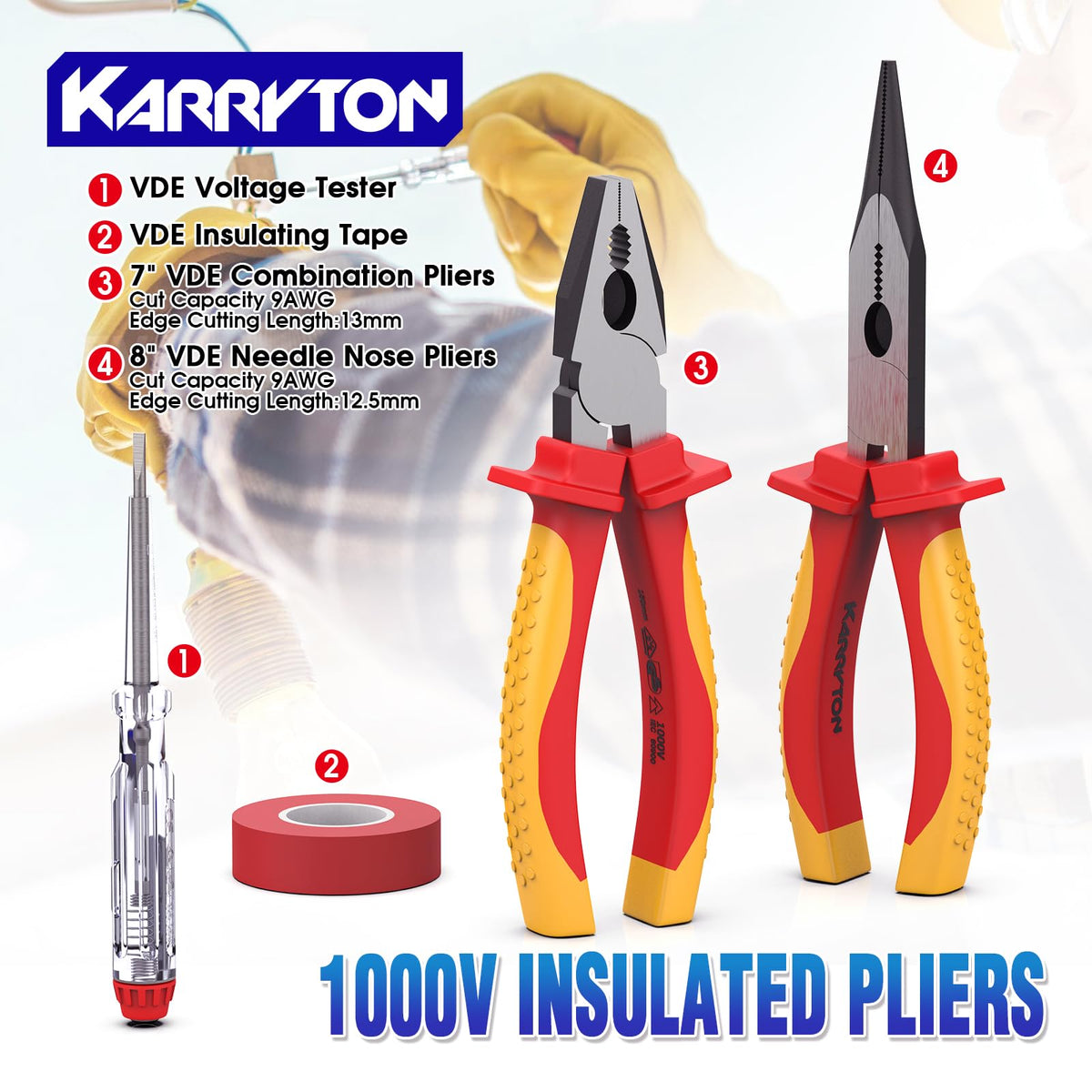 KARRYTON 14PCS 1000V Insulated Electrician Tool Set