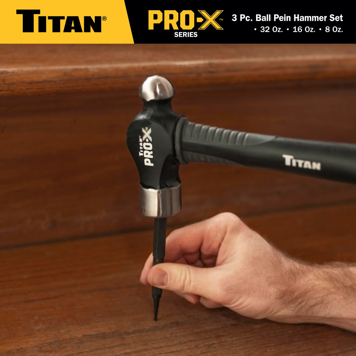Titan Pro-X 63706 3-Piece Ball Pein Hammer Set, Includes 8oz, 16oz & 32oz Ball Peen, Overstrike Protection, Forged Steel Heads, Shock Absorbing Fiberglass Handles & Textured Grips