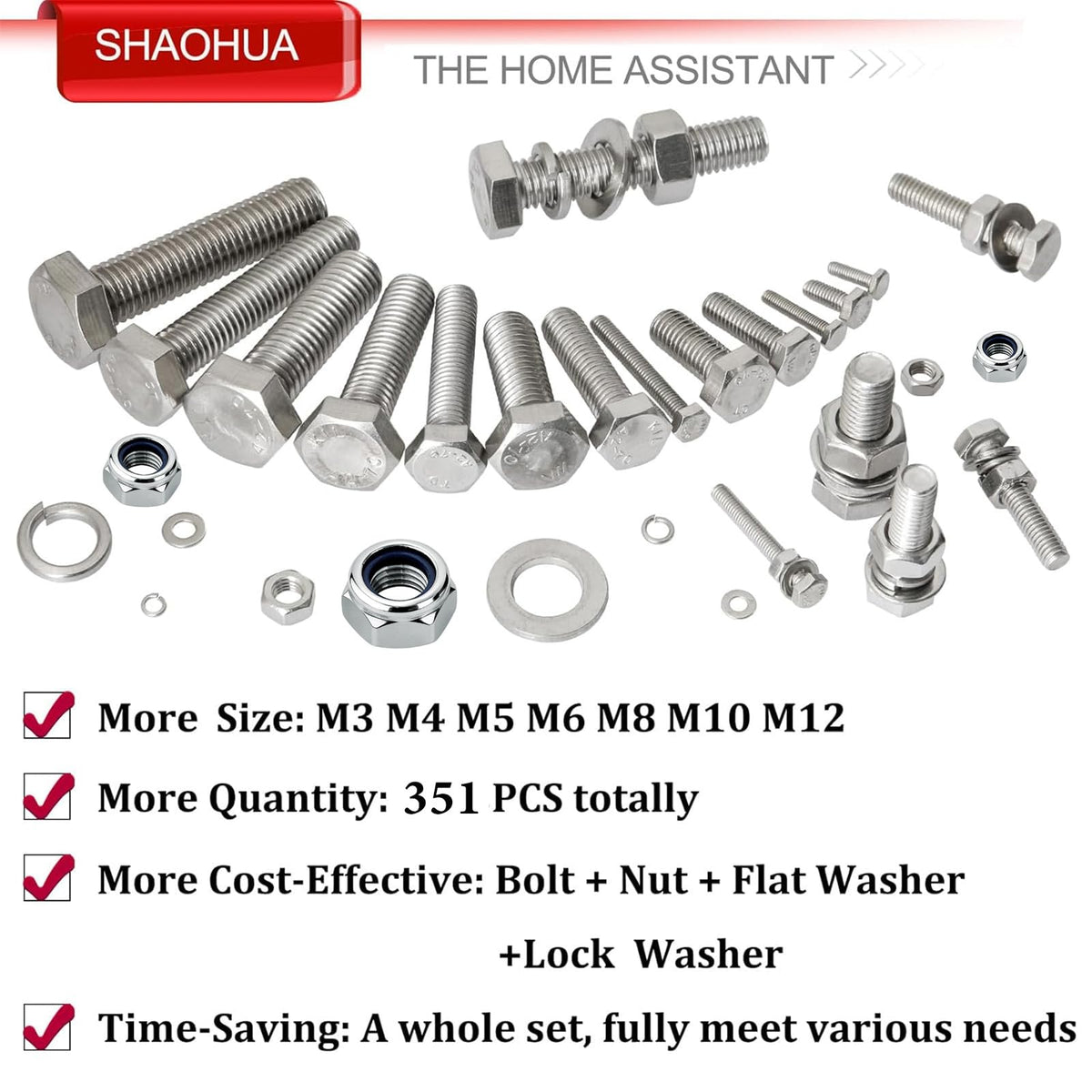 SHAOHUA M3/M4/M5/M6/M8/M10/M12 Metric Bolt Assortment Kit, 304 Stainless Steel Heavy Duty Flat Hex Head Screws Bolts and Nuts Kit, Nuts Flat Gasket and Lock Washers Assortment Ki, Silver, 351Pcs