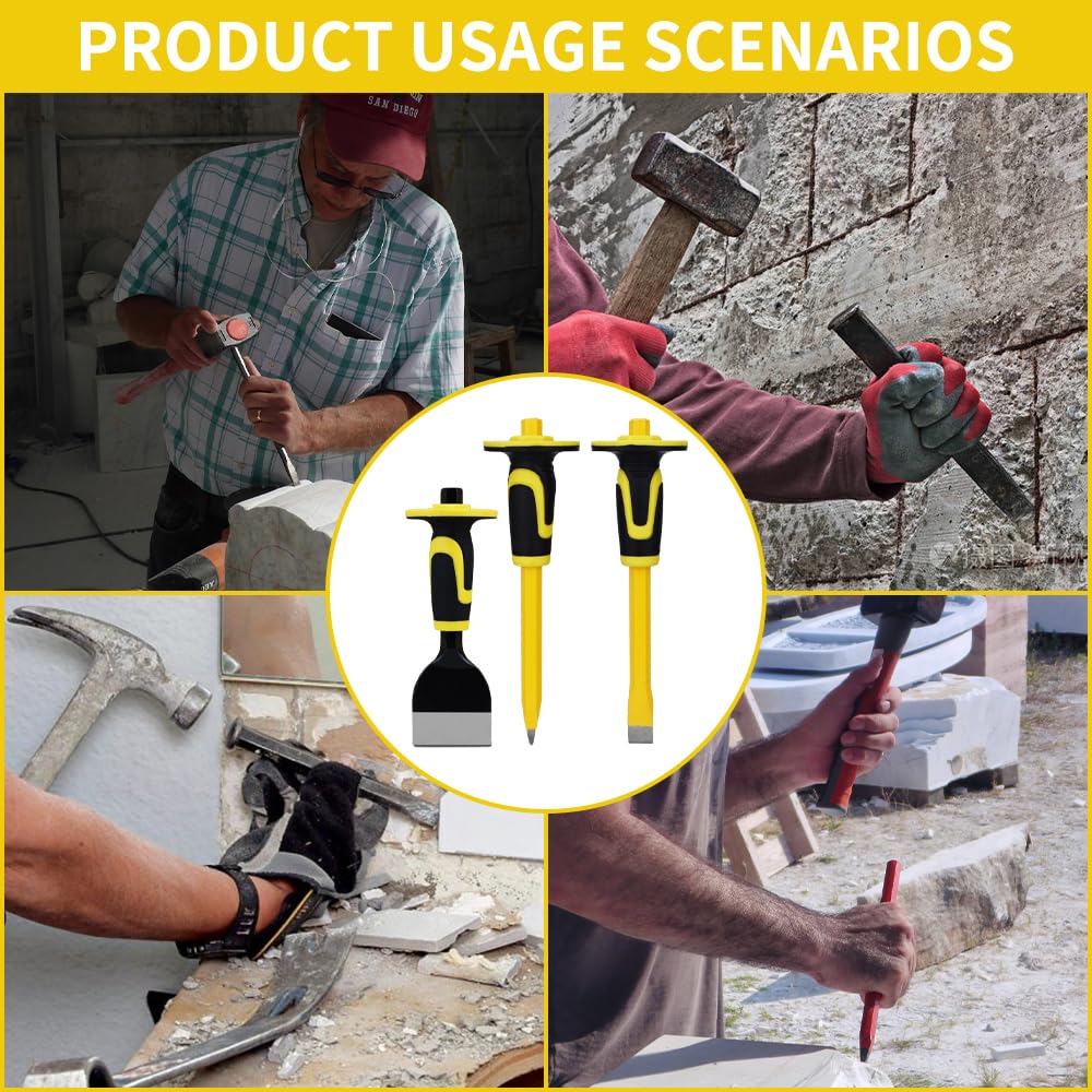 3-Piece Heavy-Duty Chisel Set with Hand Protection, Concrete and Mortar Stone Chisels, Used for Demolition, Carving, De-scaling, Breaking, Hunting, and Crushing. (CA3)