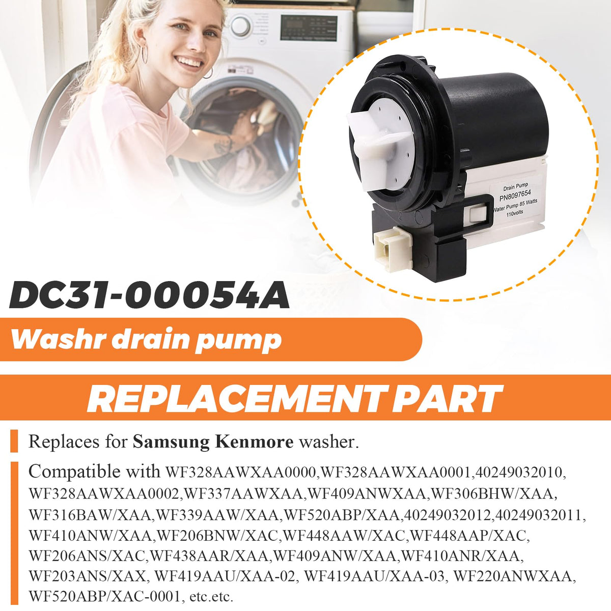 【2026 UPGRADED】DC31-00054A Washer Drain Pump Water Motor Assembly (85 Watts 110 Volts) by Beaquicy - Replacement for Ken-more Sam-sung Washing machine - Replaces DC31-00016A AP4202690 62902090