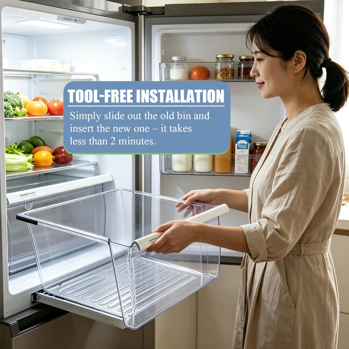 2188656 Crisper Bin (Upper) Replacement for Whirlpool Refrigerator, Refrigerator Drawers, Kenmore Whirlpool Fridge Crisper Drawer Replacement Part WP2188656, 2188656, Thicker, Clear