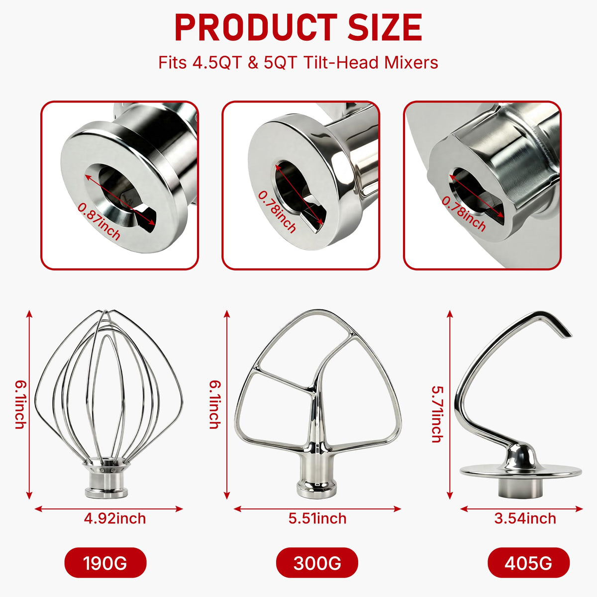 3-Piece Stainless Steel Stand Mixer Attachments Set for KitchenAid Tilt-Head 4.5-5 Quart Mixers, Dough Hook, Flat Beater & Wire Whip, Premium Replacement Accessories, Dishwasher Safe