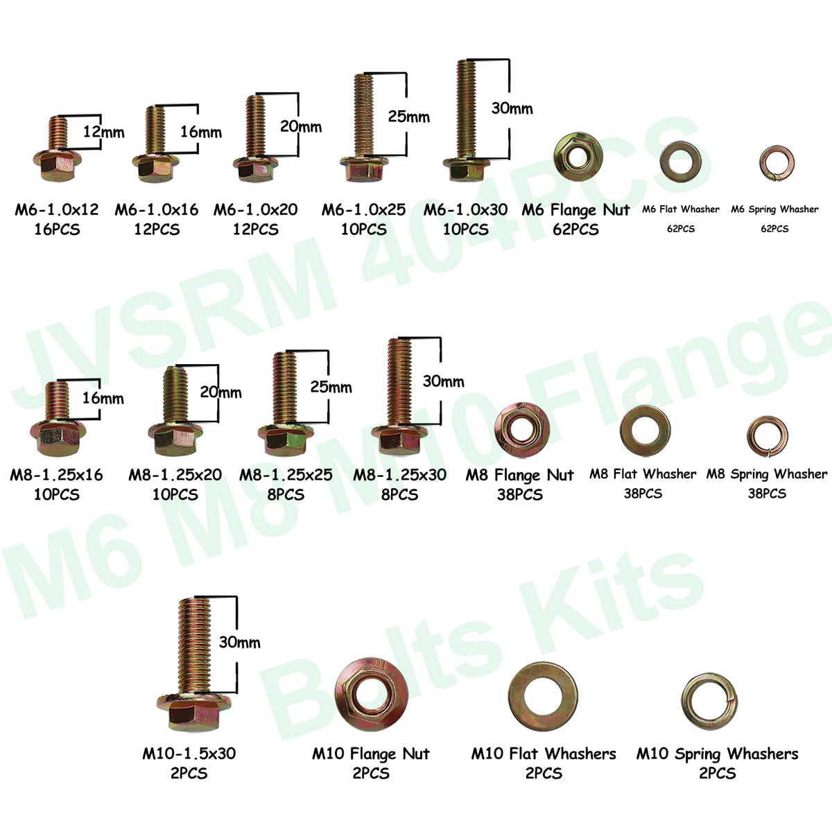 JVSRM 404Pcs Class 10.9 Metric Flange Bolts Kit - M6 M8 M10 (12-30mm)
