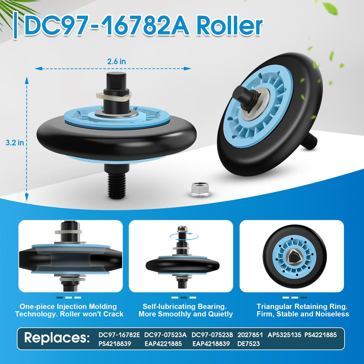 Dryer Repair Kit Replacement for Samsung Drum Roller DC97-16782A, Dryer Belt 6602-001655, Idler Pulley DC93-00634A, fits DV48H7400EW/A2 DV40J3000EW/A2 DV45H7000EW/A2 DV52J8700EP/A2 DV448AEP DV419AEW