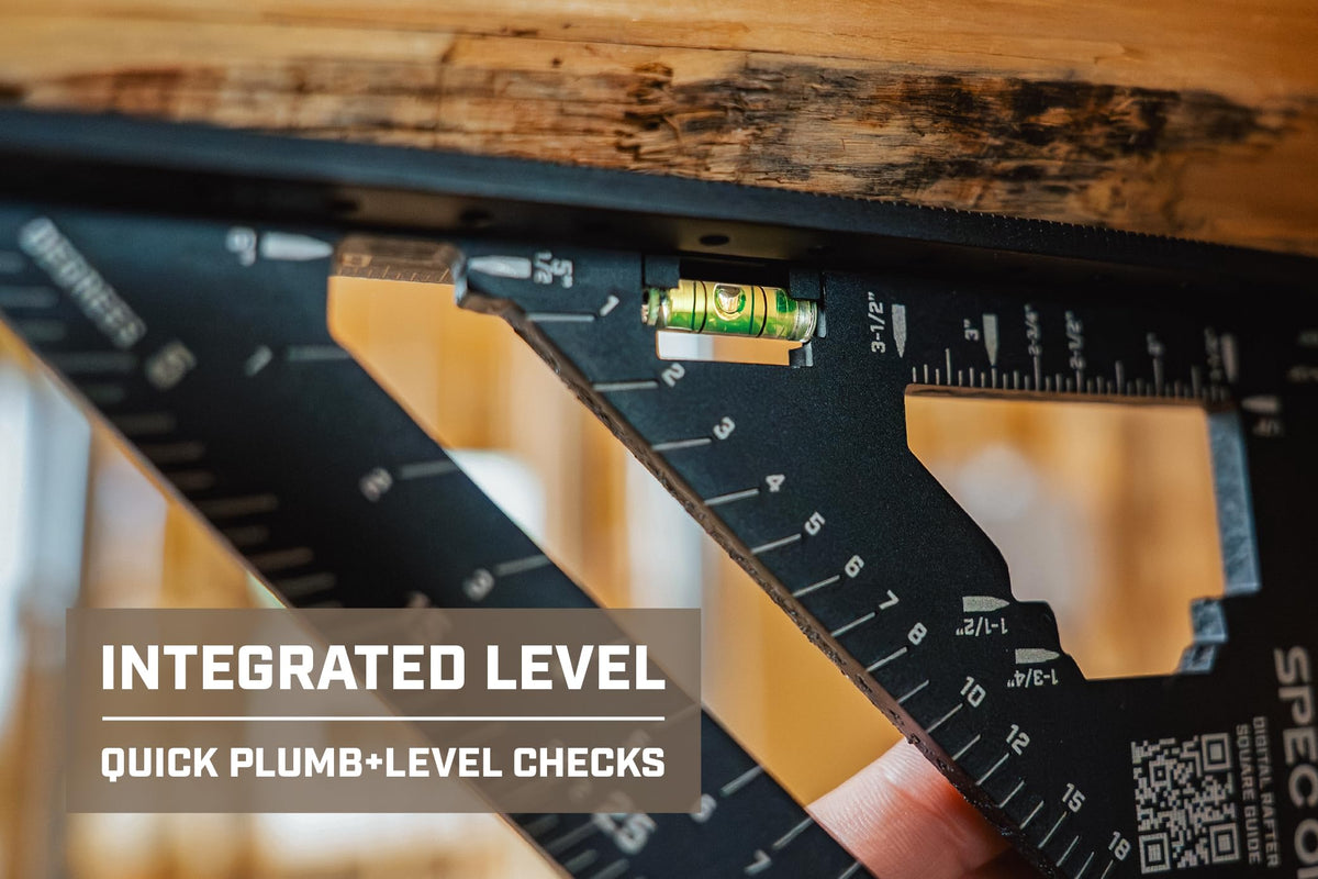 Spec Ops Elite Series Fury 7.5” Rafter Square with Level Vial, Laser Etched & Stamped Markings, Rapid-Layout Features, Wide Heel, Integrated Compass Holes, Digital Rafter Calculator & Guide