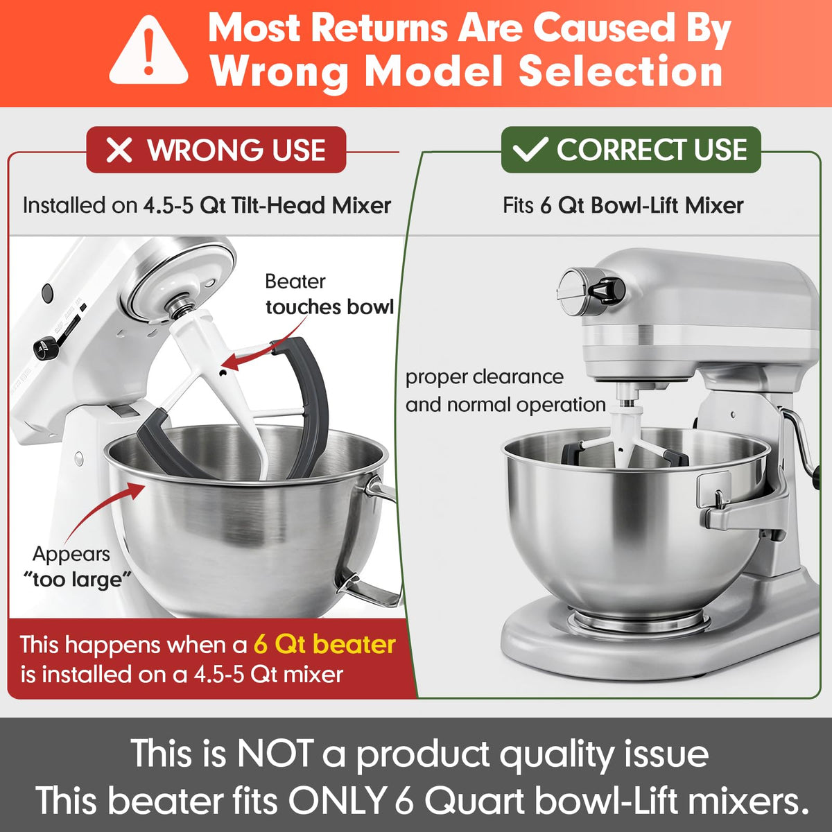Flex Edge Beater Compatible with KitchenAid 5.5-6 Quart Bowl-Lift Stand Mixers, 6QT Paddle Attachment Replacement with Silicone Scraper, Heavy Duty Mixer Accessories, Dishwasher Safe