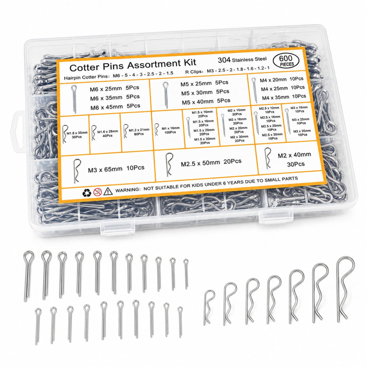 600 Pcs Cotter Pin Assortment Kit 304 Stainless Steel Split Pins & R Clips